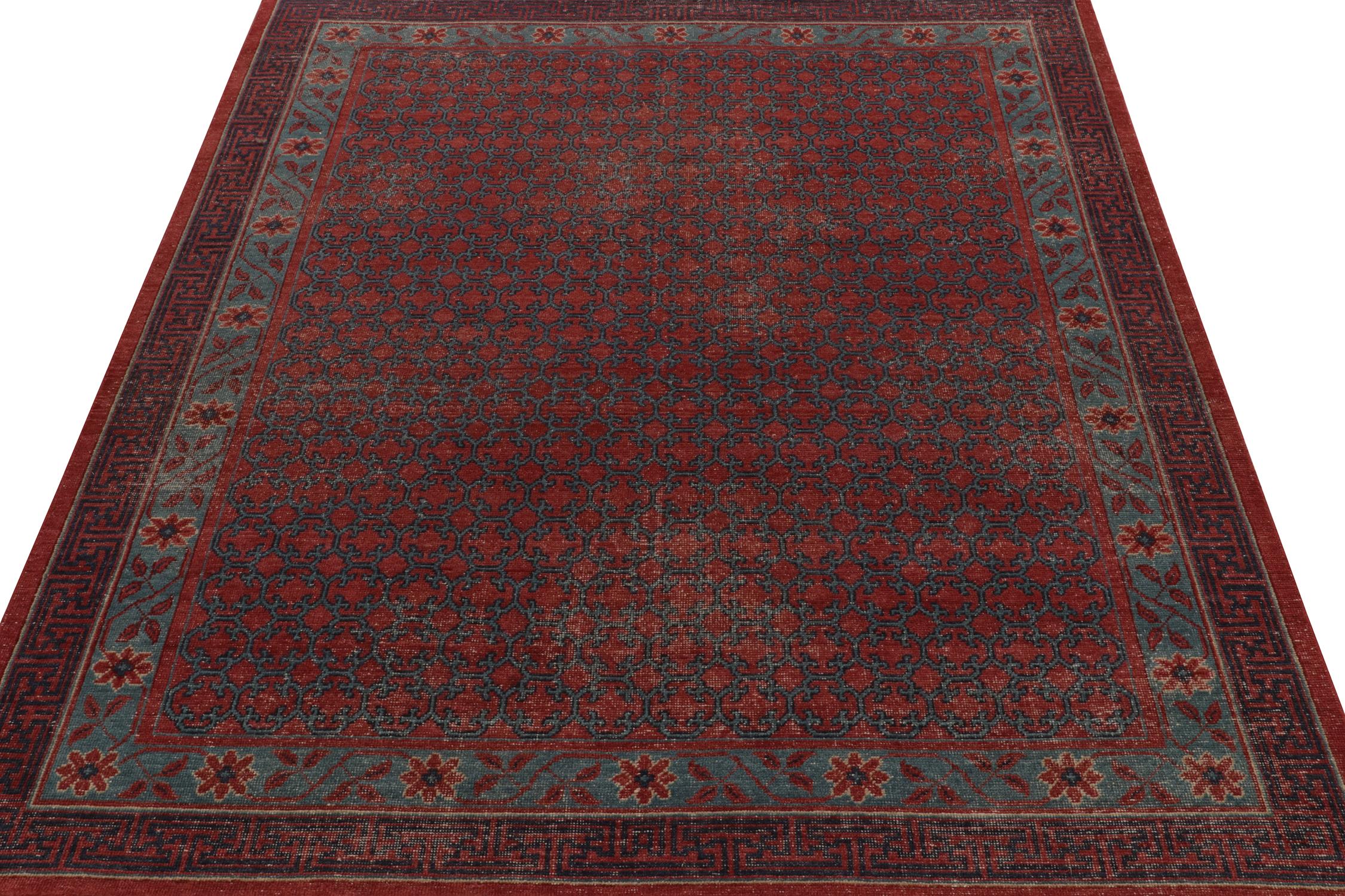 Indian Rug & Kilim’s Distressed Khotan Style Rug in Red & Blue Trellis Pattern For Sale