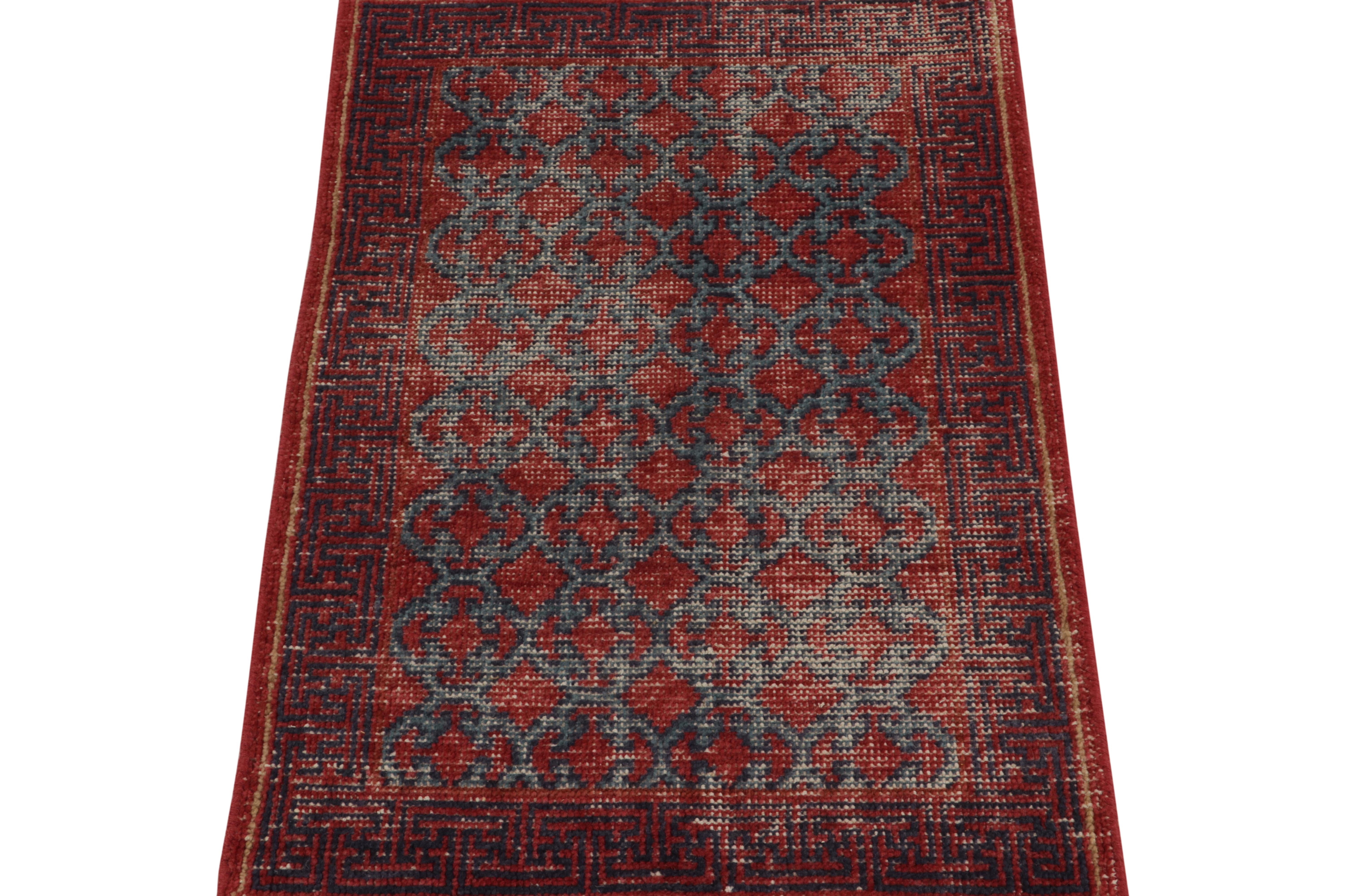 Indian Rug & Kilim’s Distressed Khotan Style Rug in Red & Blue Trellis Pattern For Sale