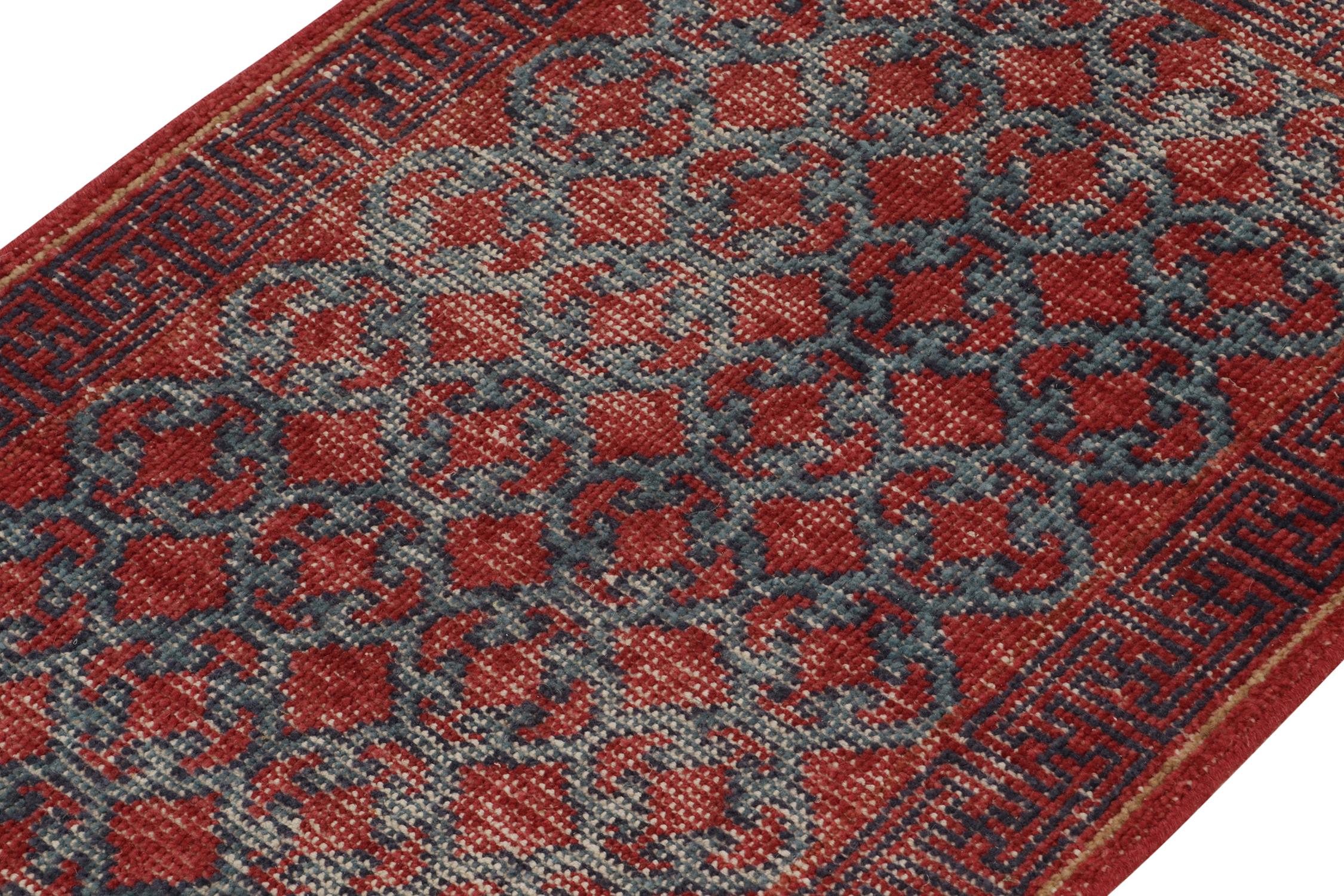 Hand-Knotted Rug & Kilim’s Distressed Khotan Style Rug in Red & Blue Trellis Pattern For Sale