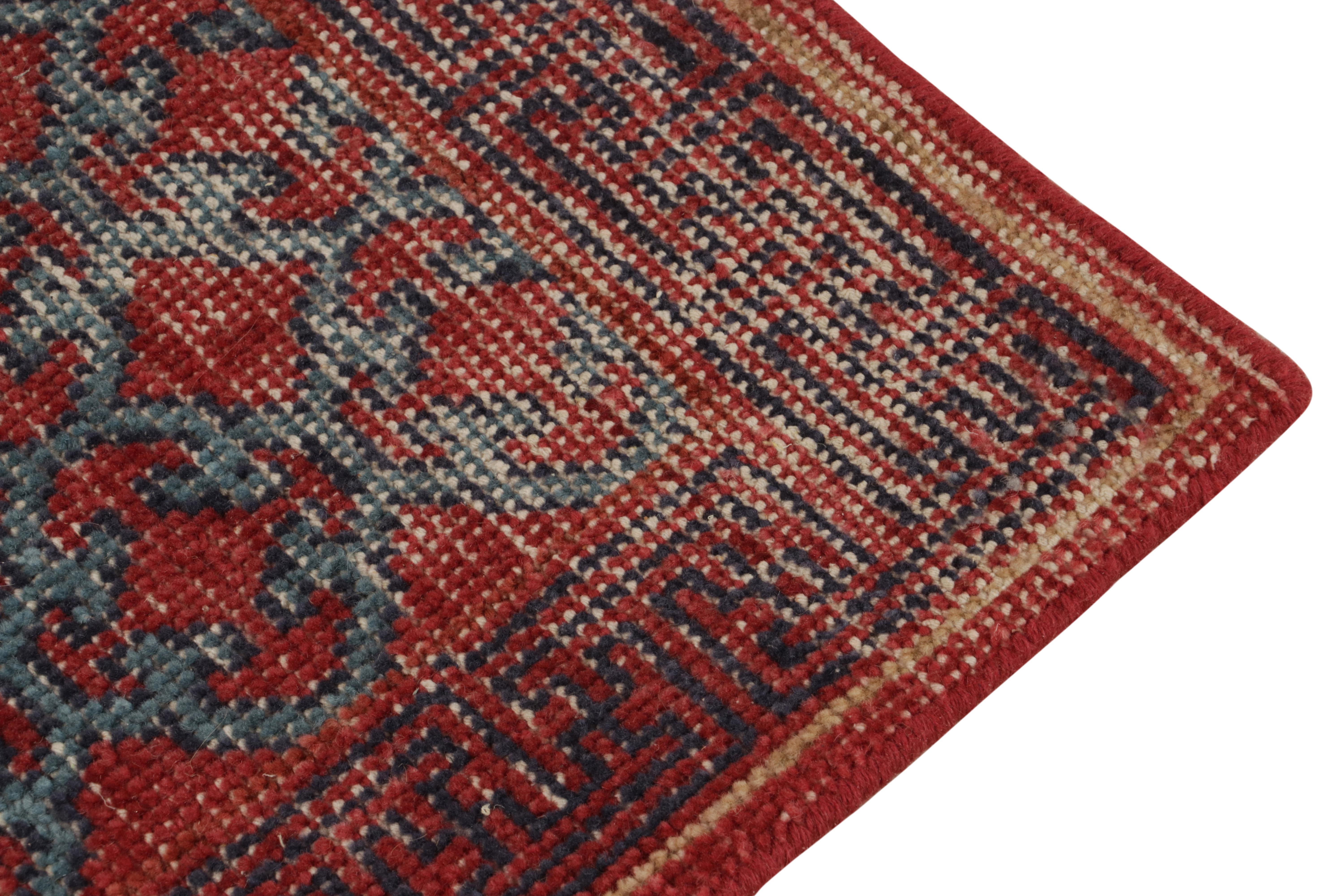 Rug & Kilim’s Distressed Khotan Style Rug in Red & Blue Trellis Pattern In New Condition For Sale In Long Island City, NY