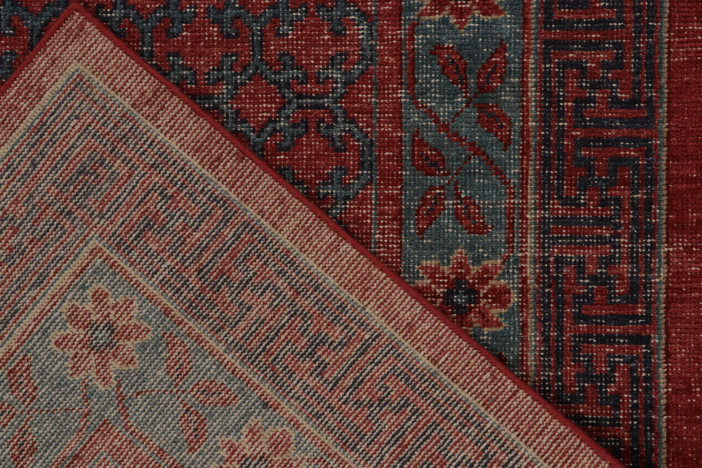 Contemporary Rug & Kilim’s Distressed Khotan Style Rug in Red & Blue Trellis Pattern For Sale