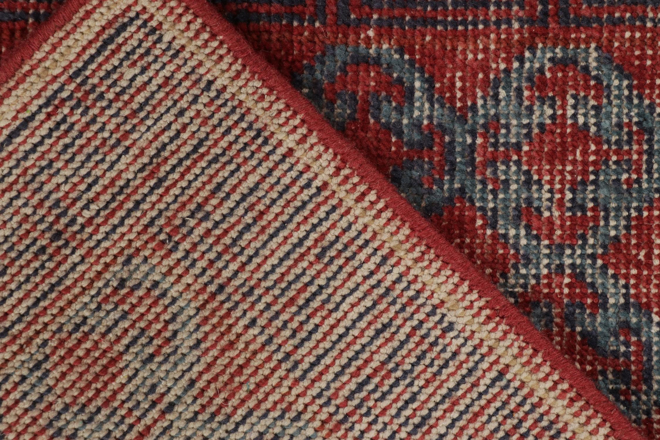 Contemporary Rug & Kilim’s Distressed Khotan Style Rug in Red & Blue Trellis Pattern For Sale