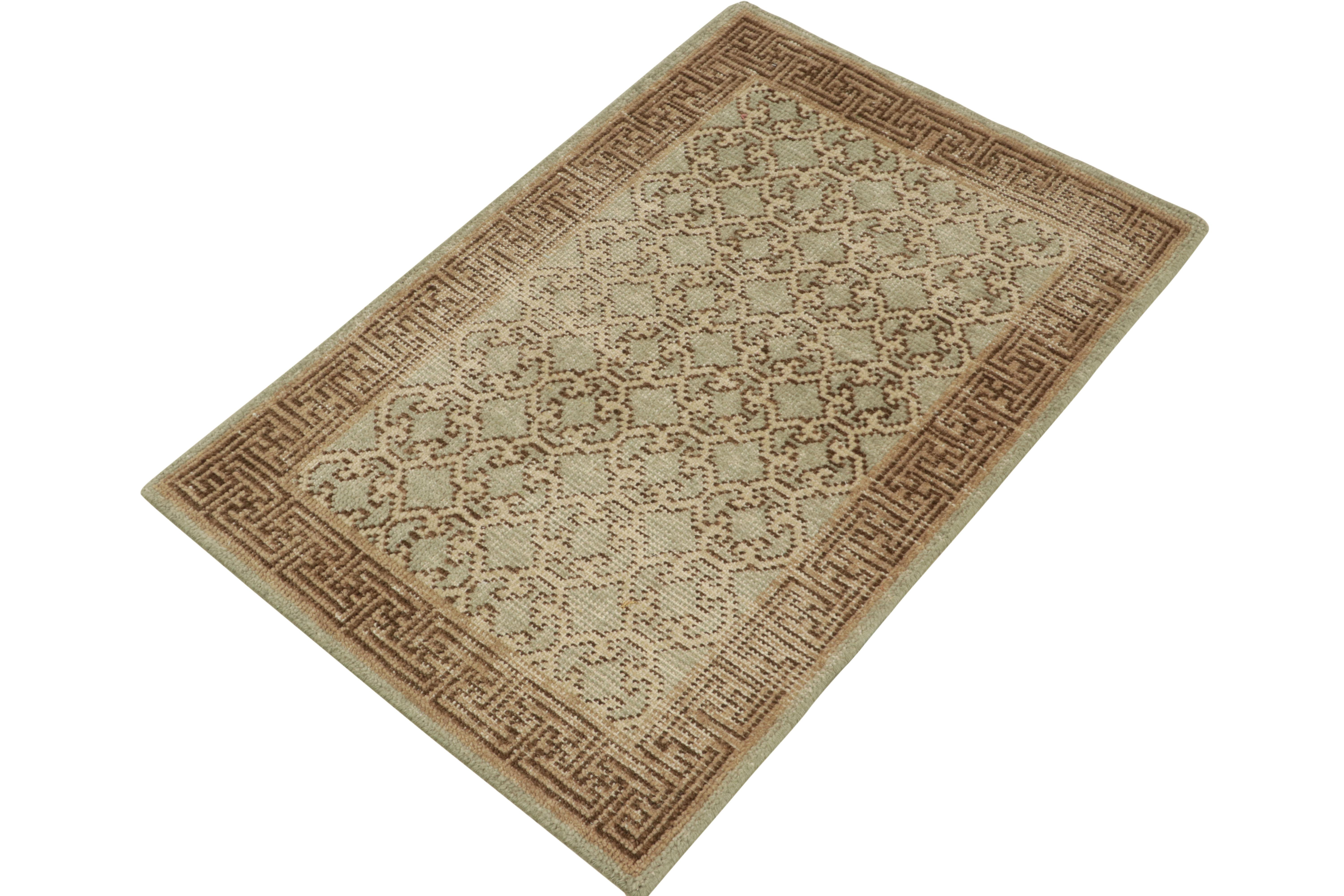 Indian Rug & Kilim's Distressed Khotan Style Scatter Rug in Blue, Beige-Brown Pattern For Sale