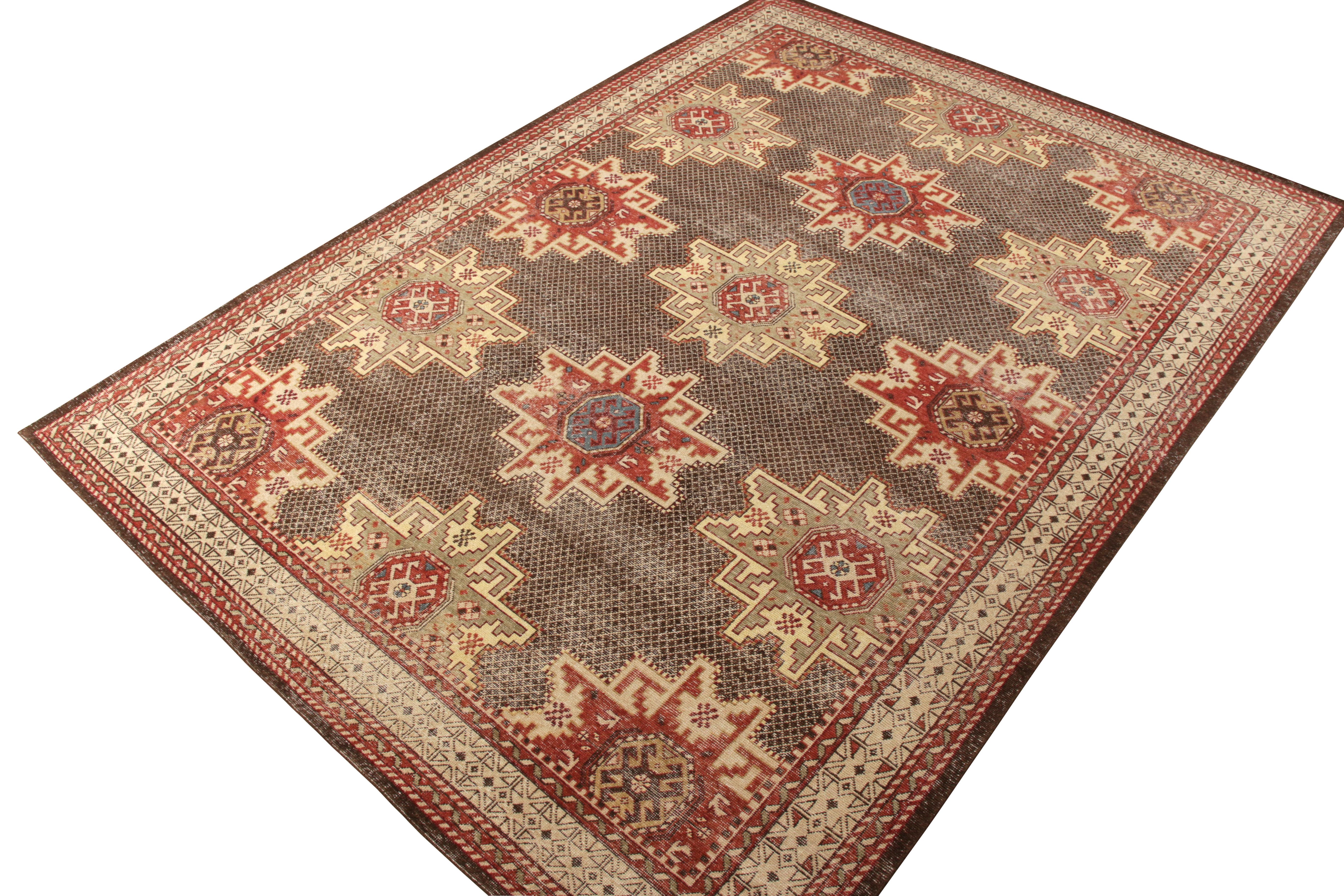 Other Rug & Kilim’s Distressed Kuba Style Rug in Beige-Brown and Red Geometric Pattern For Sale