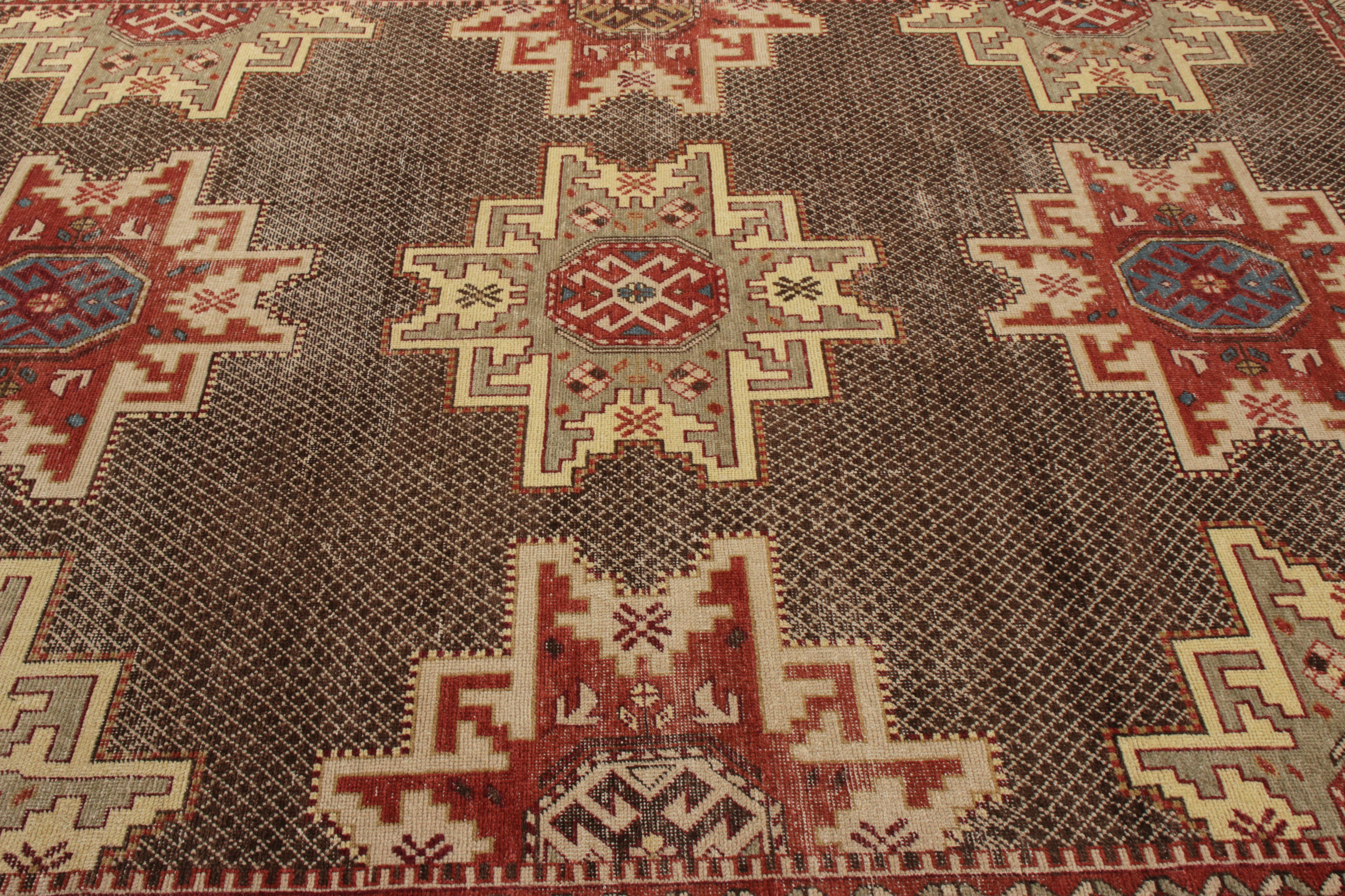 Other Rug & Kilim’s Distressed Kuba Style Rug in Beige-Brown and Red Geometric Pattern For Sale