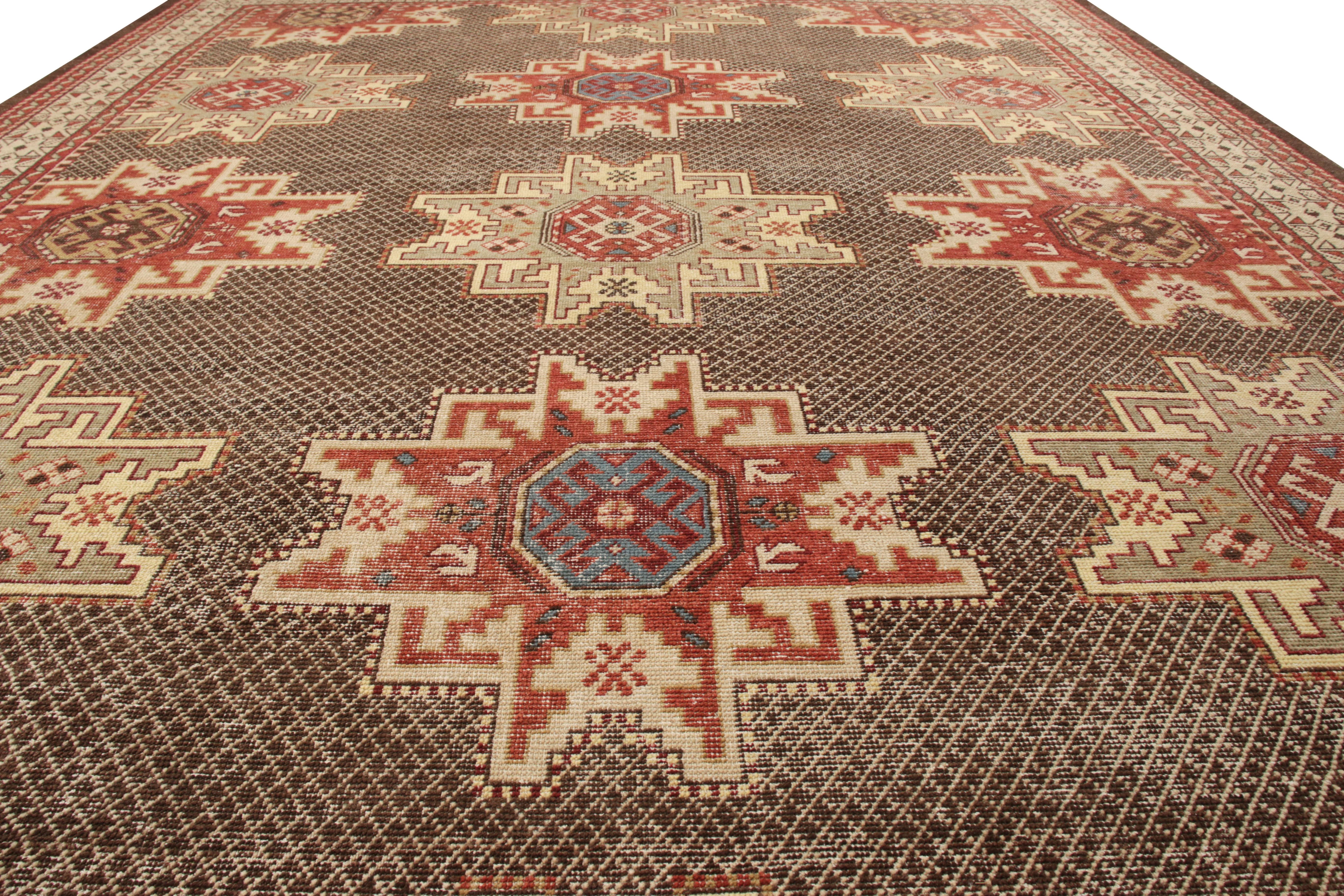 Indian Rug & Kilim’s Distressed Kuba Style Rug in Beige-Brown and Red Geometric Pattern For Sale