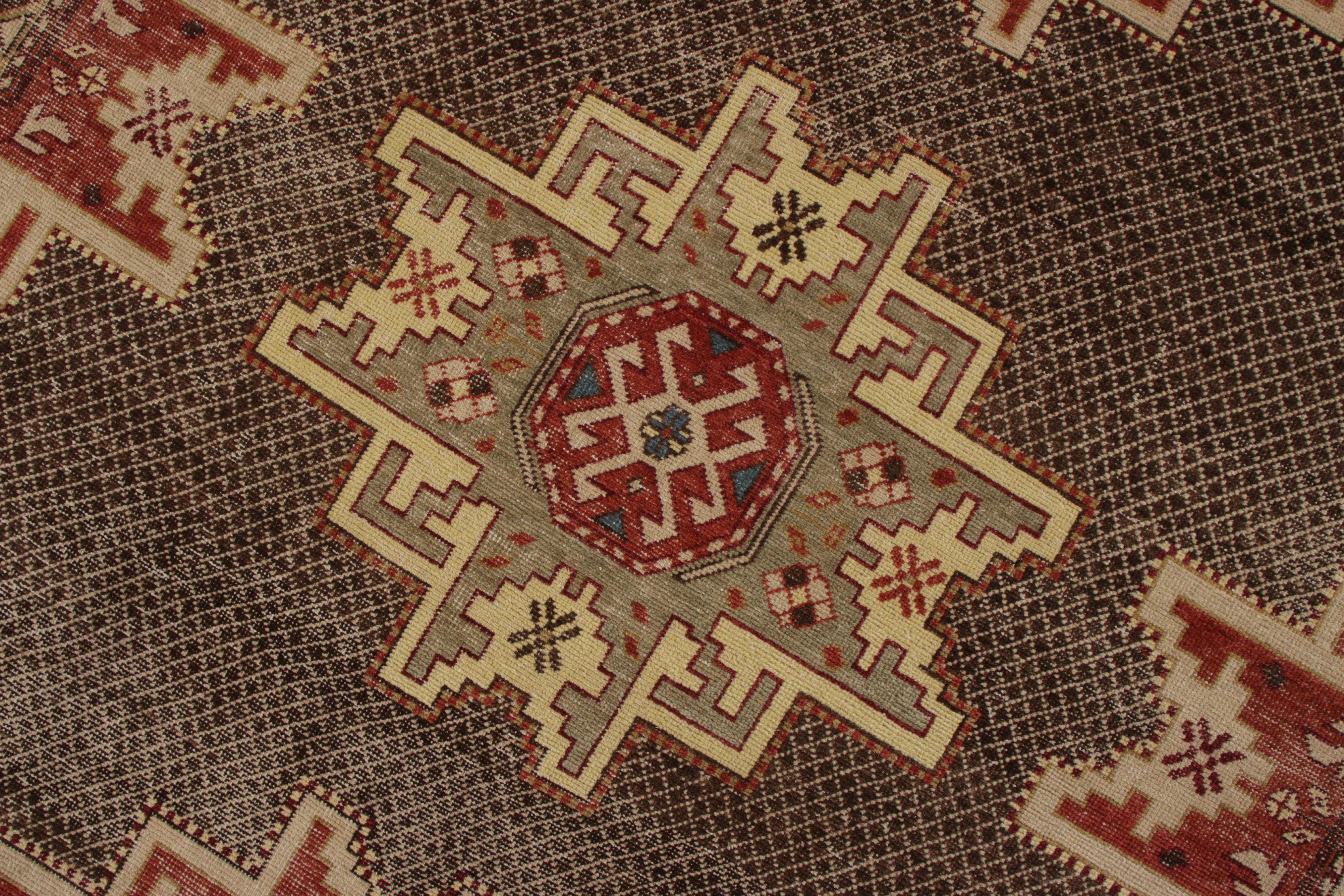 Indian Rug & Kilim’s Distressed Kuba Style Rug in Beige-Brown and Red Geometric Pattern For Sale