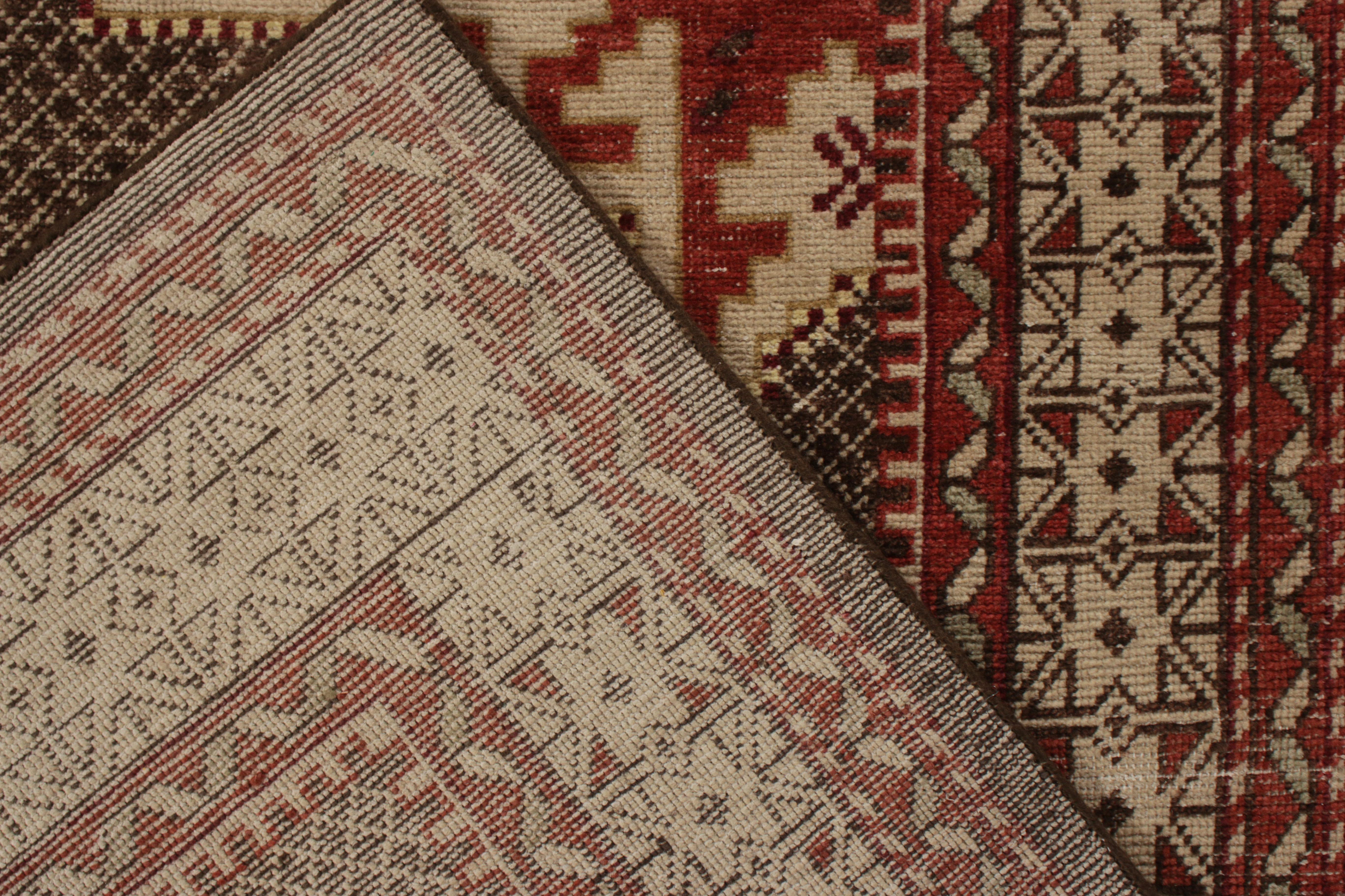 Hand-Knotted Rug & Kilim’s Distressed Kuba Style Rug in Beige-Brown and Red Geometric Pattern For Sale