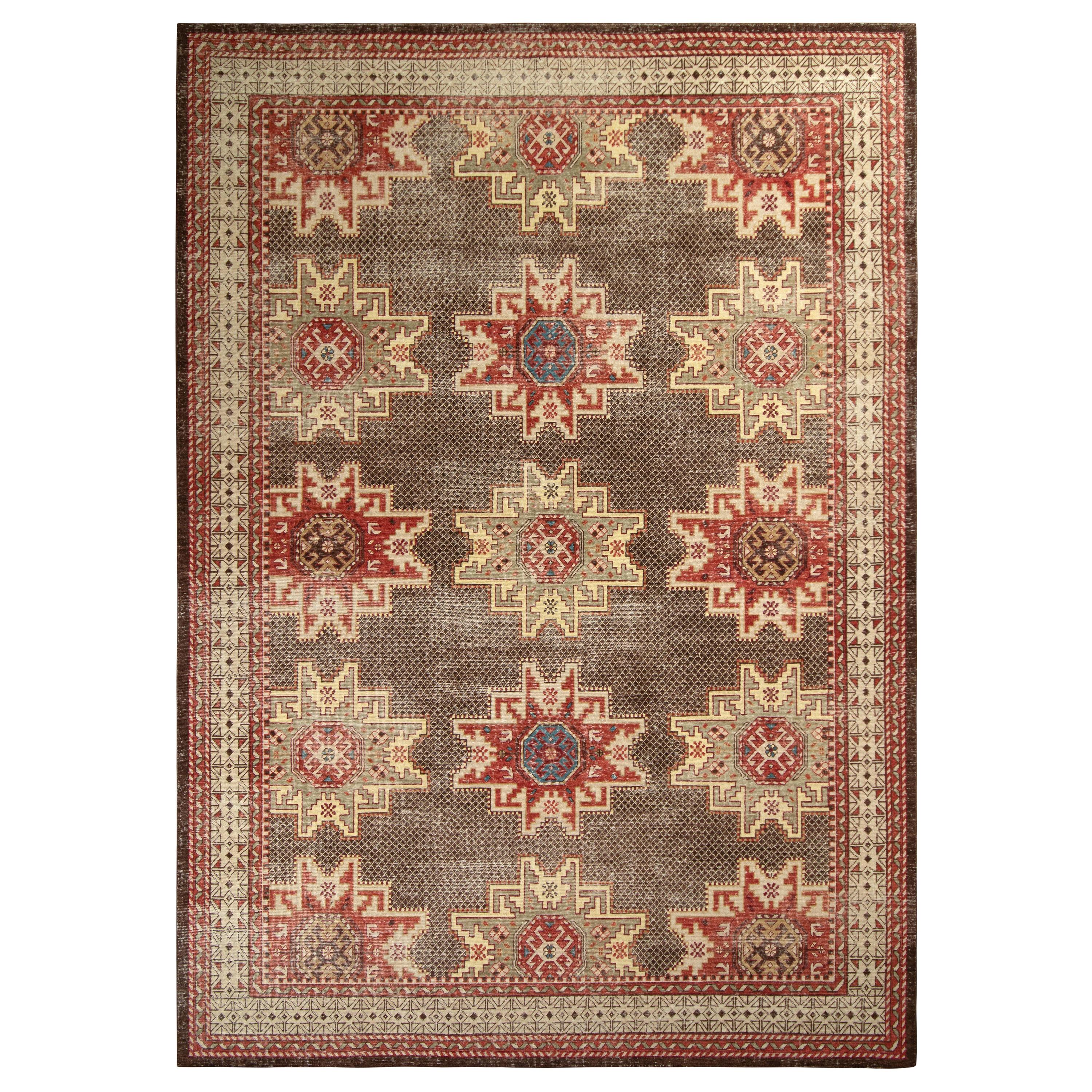 Rug & Kilim’s Distressed Kuba Style Rug in Beige-Brown and Red Geometric Pattern For Sale