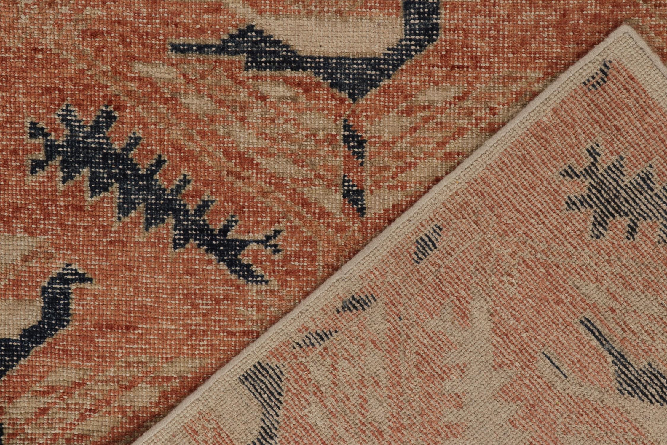 Contemporary Rug & Kilim’s Distressed Kuba Style Rug in Orange, Beige & Blue Tribal Patterns For Sale