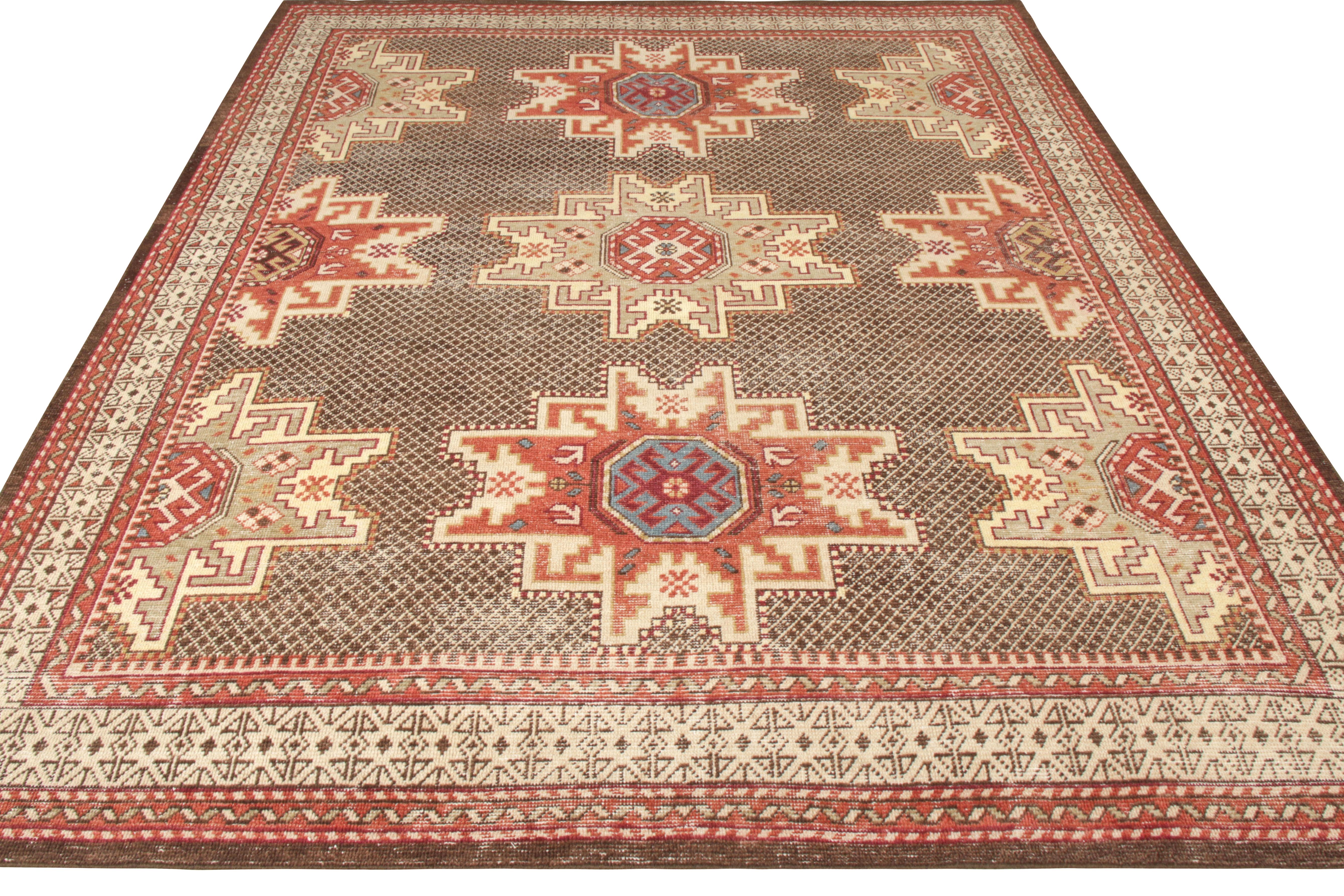 Expressing a modern take on Caucasian Kuba rug style, Rug & Kilim presents an 8 x 10 addition to its Homage Collection. Hand knotted in wool, the contemporary style enjoys a refined geometric pattern in a beige-brown colorway dotting the background.