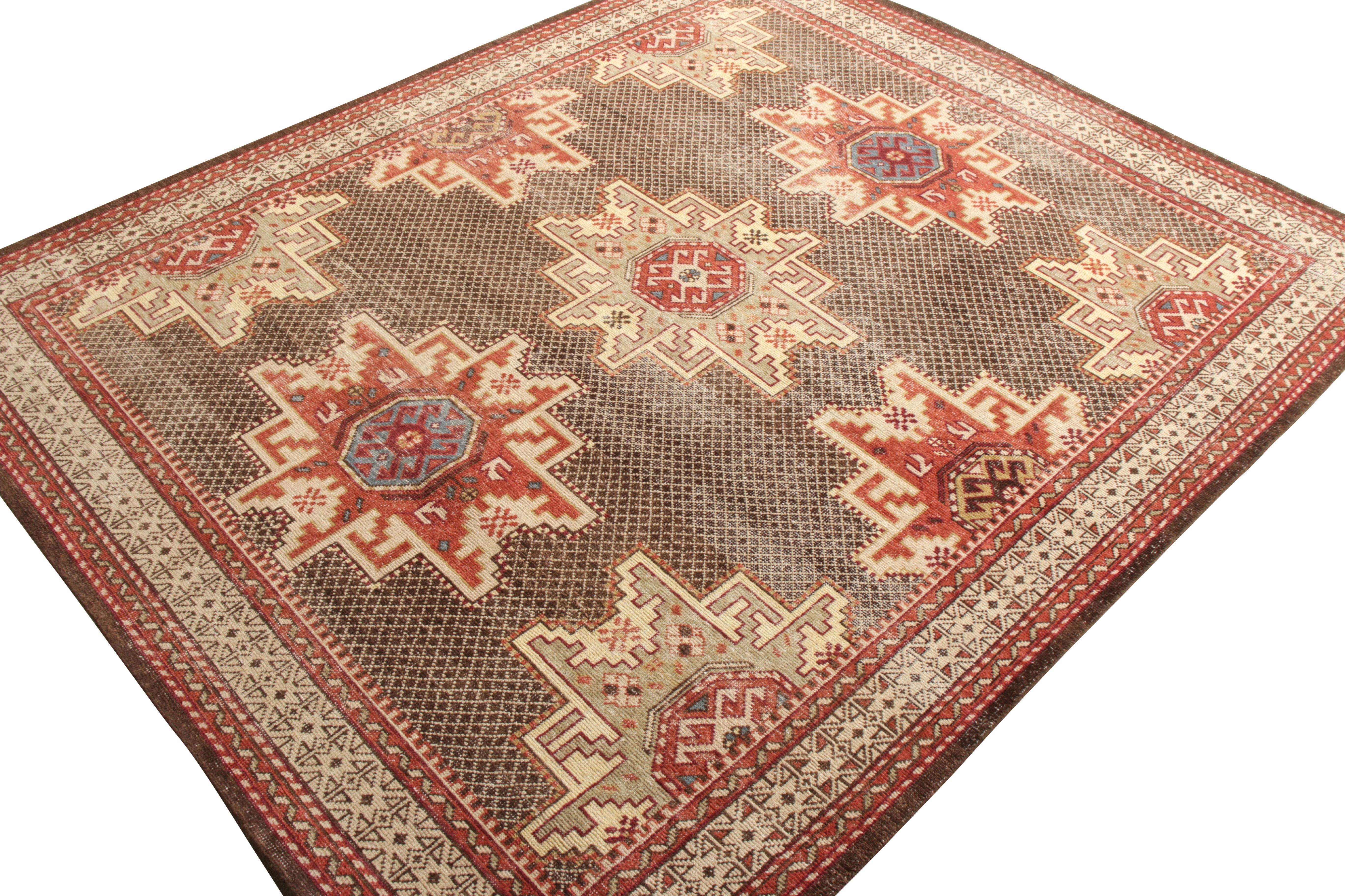 Tribal Rug & Kilim’s Distressed Kuba Style Rug in Red, Beige-Brown Medallion Pattern For Sale