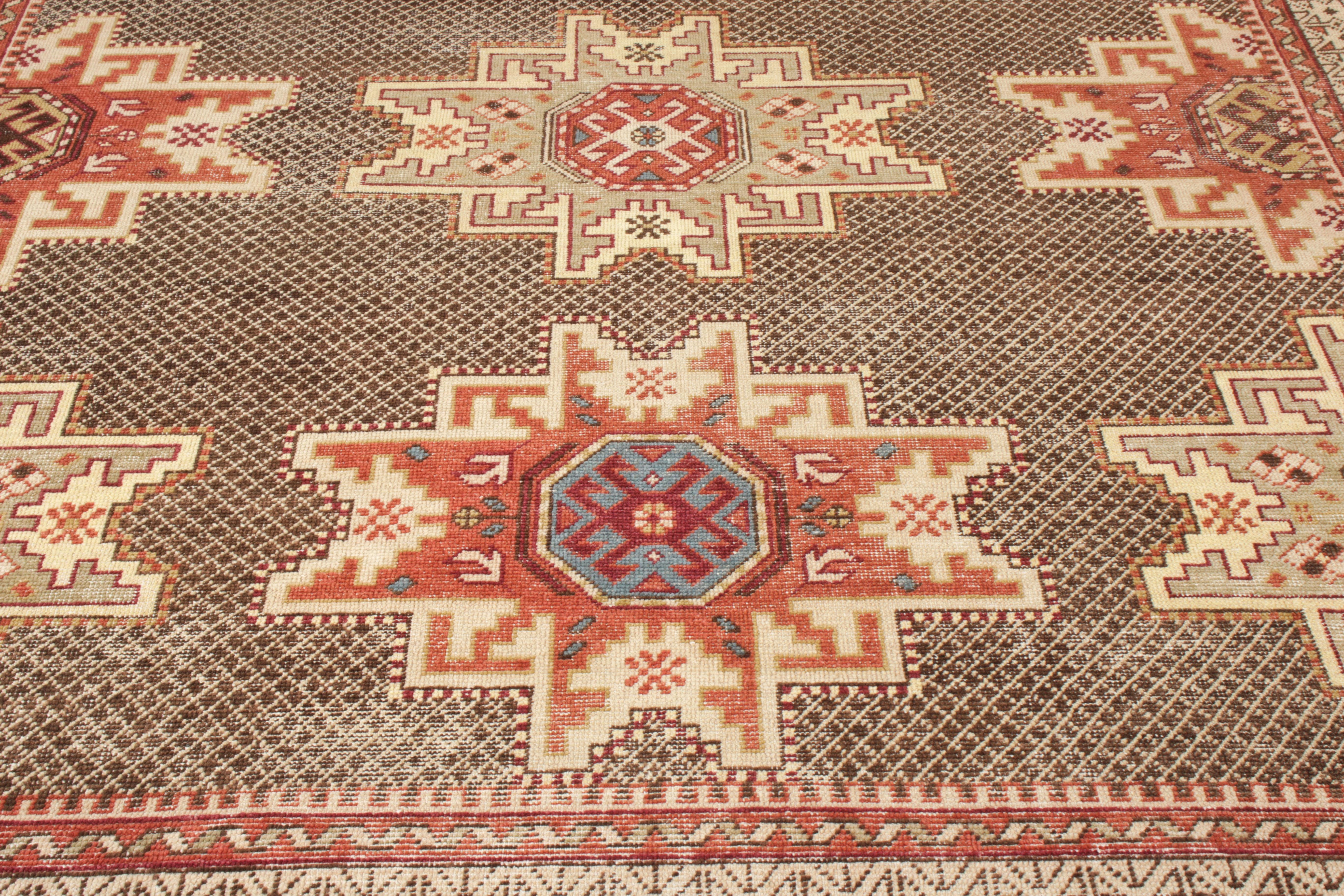 Indian Rug & Kilim’s Distressed Kuba Style Rug in Red, Beige-Brown Medallion Pattern For Sale