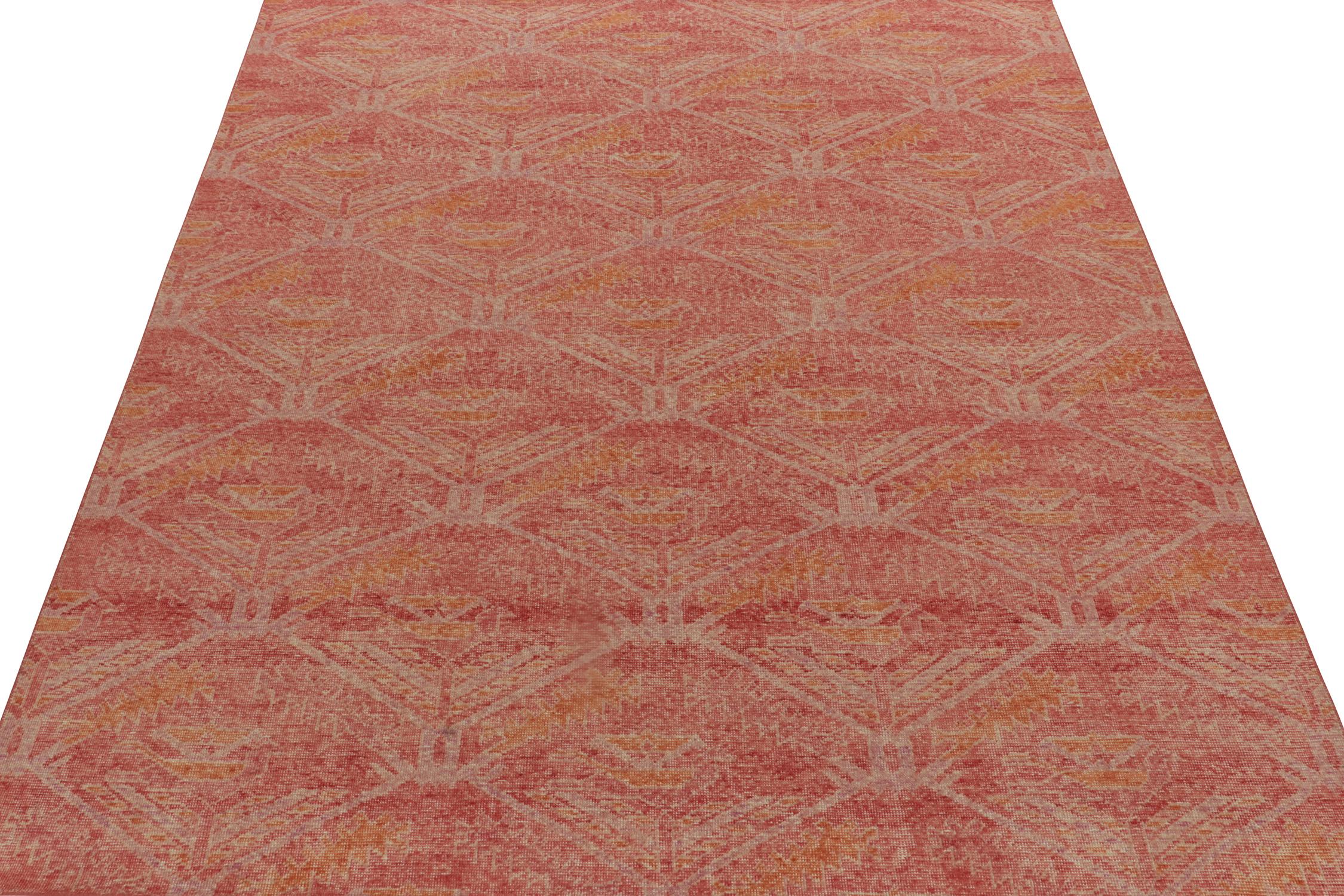 Indian Rug & Kilim’s Distressed Kuba Style Rug in Red with Orange Tribal Patterns For Sale
