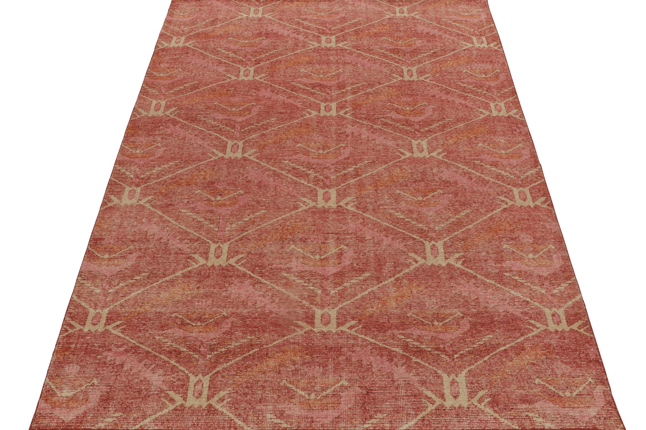 Other Rug & Kilim’s Distressed Kuba Style Rug in Red with Orange Tribal Patterns For Sale