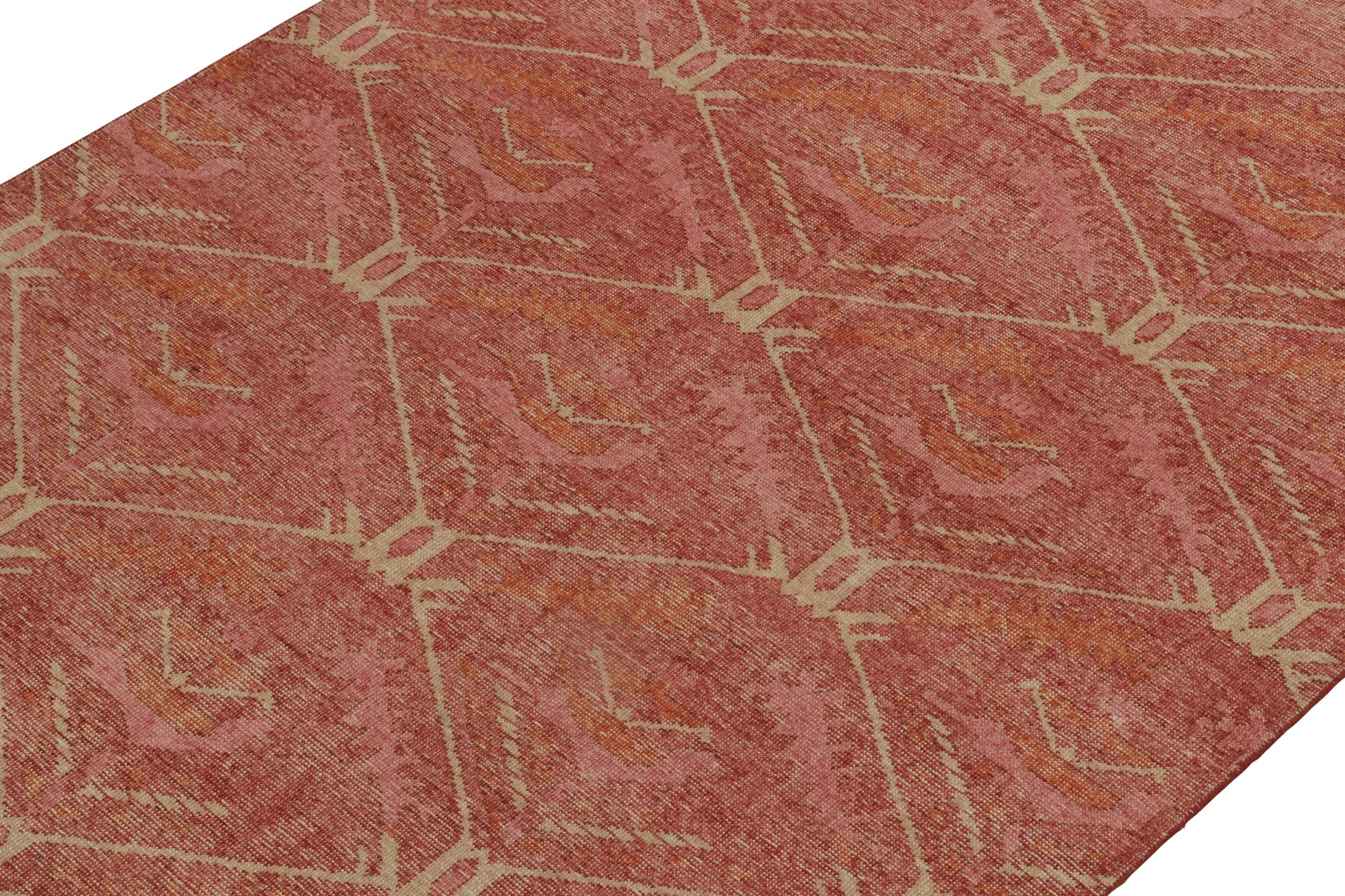 Indian Rug & Kilim’s Distressed Kuba Style Rug in Red with Orange Tribal Patterns For Sale