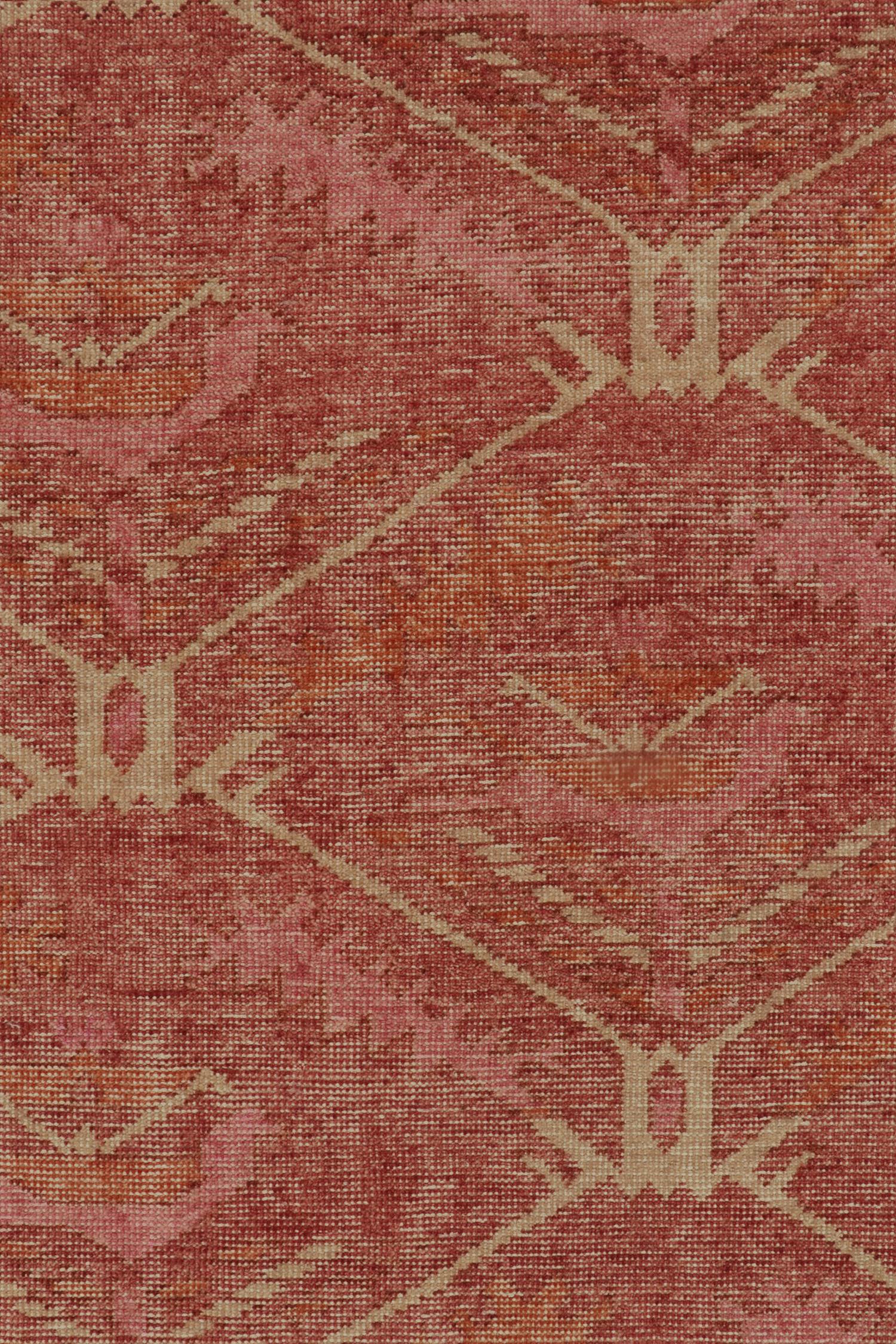 Hand-Knotted Rug & Kilim’s Distressed Kuba Style Rug in Red with Orange Tribal Patterns For Sale