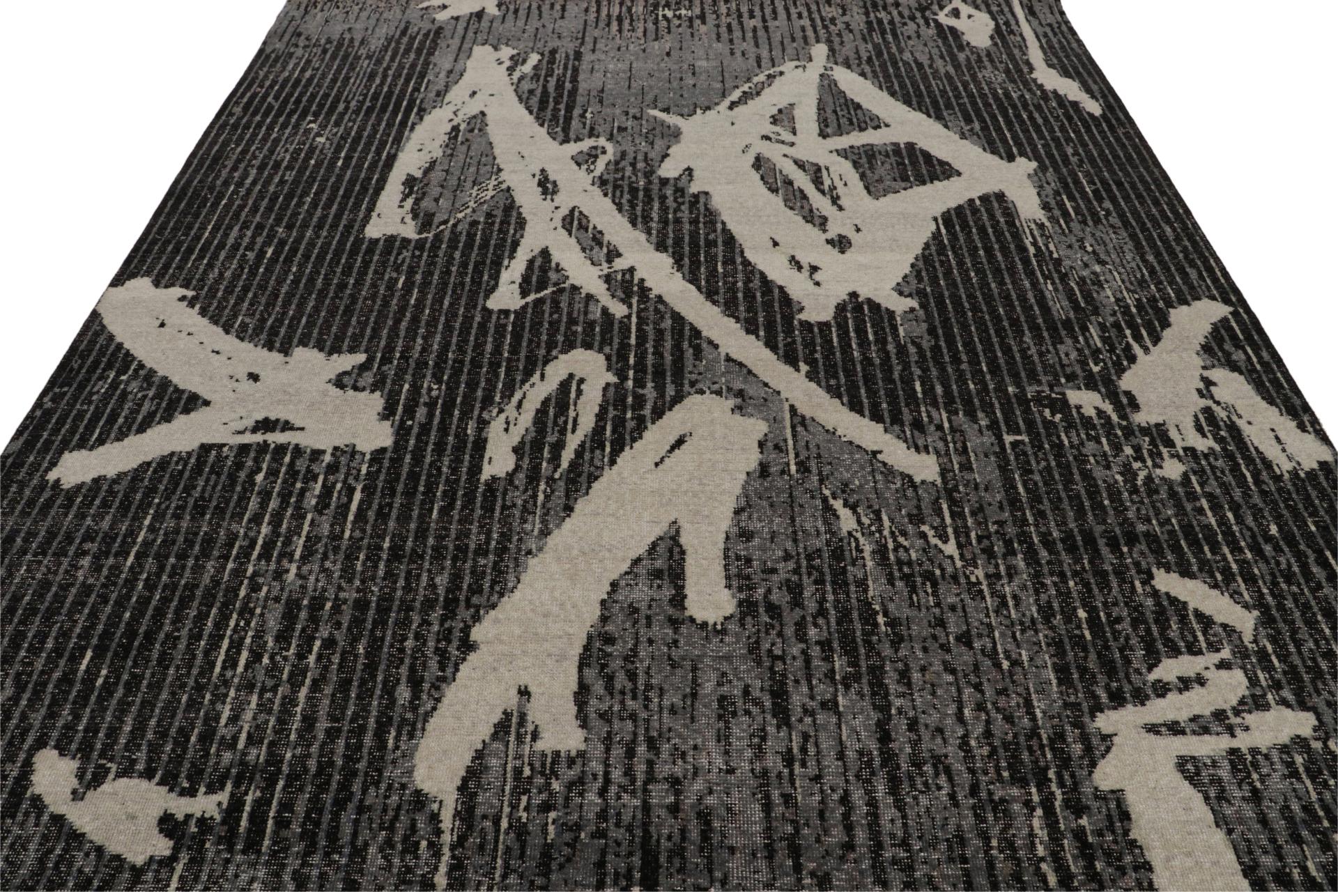 Indian Rug & Kilim’s Distressed Modern Rug In Black, Gray Geometric Pattern For Sale