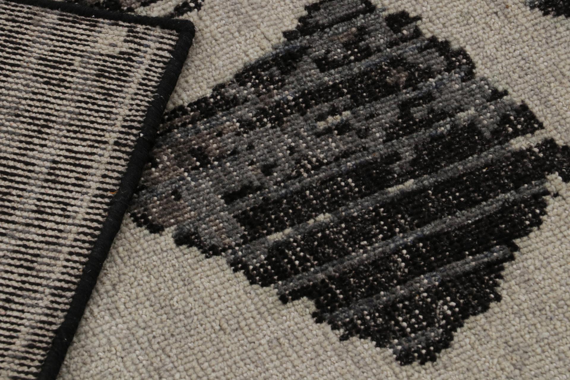 Wool Rug & Kilim’s Distressed Modern Rug In Black, Gray Geometric Pattern For Sale