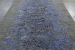 Rug & Kilim’s Distressed Modern Runner Abstract Florals in Muted Blue & Green