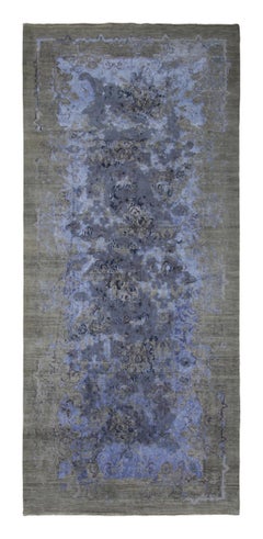Rug & Kilim’s Distressed Modern Runner Abstract Florals in Muted Blue & Green