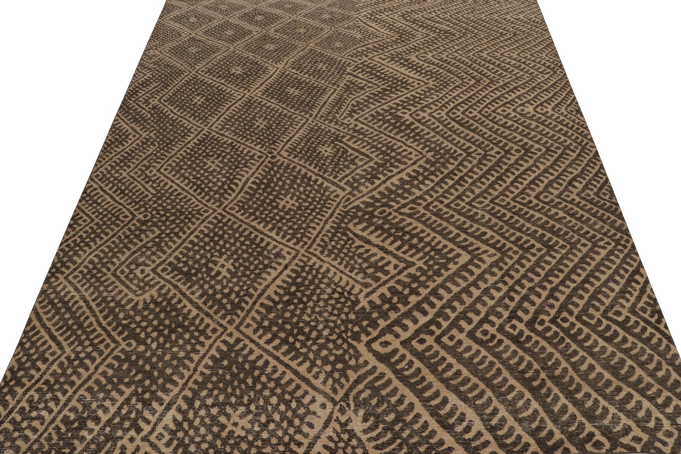 Tribal Rug & Kilim’s Distressed Moroccan Style Rug in Beige and Brown Geometric Pattern For Sale