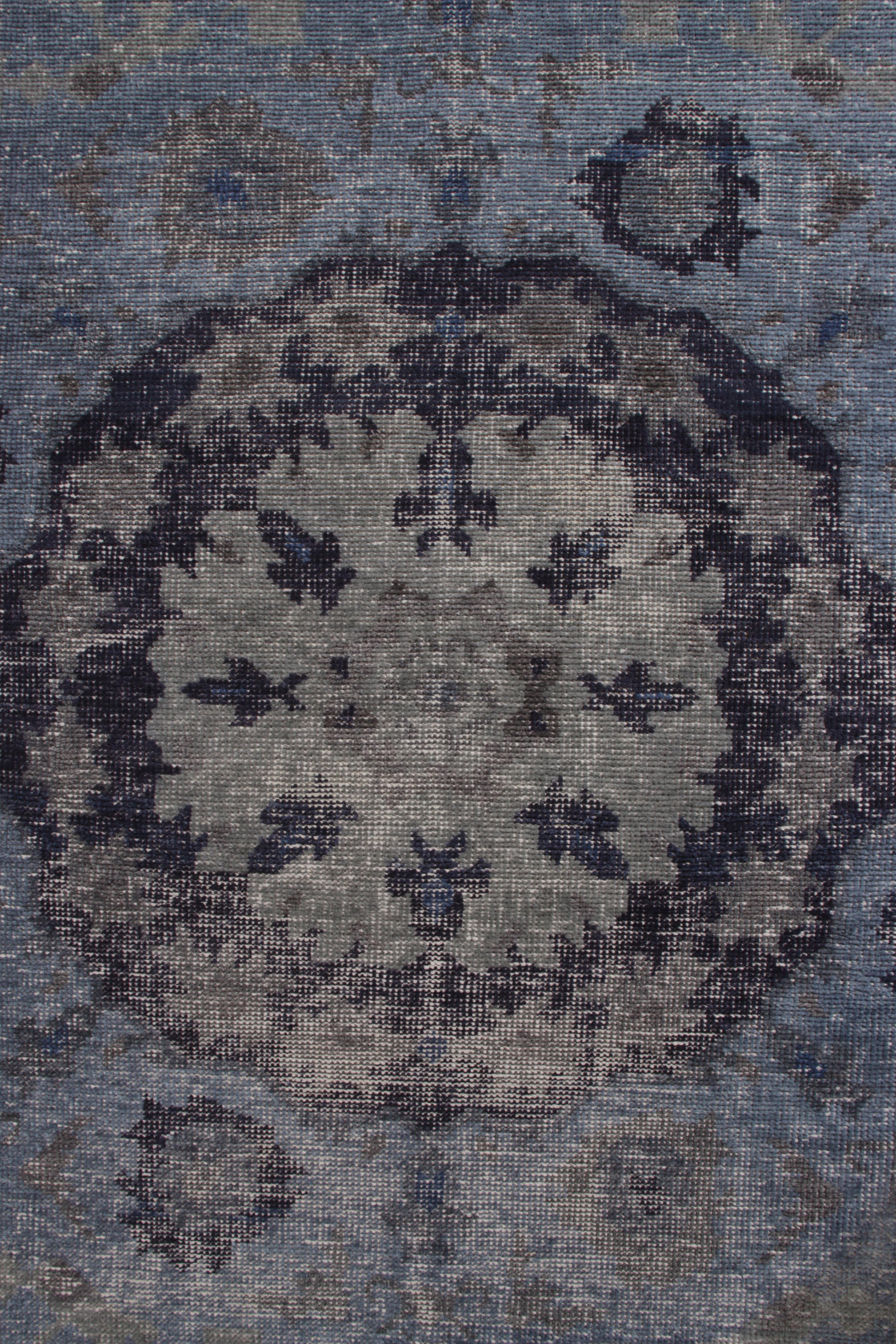 Indian Rug & Kilim’s Distressed Oriental Style Rug in Blue Gray Medallion Pattern For Sale