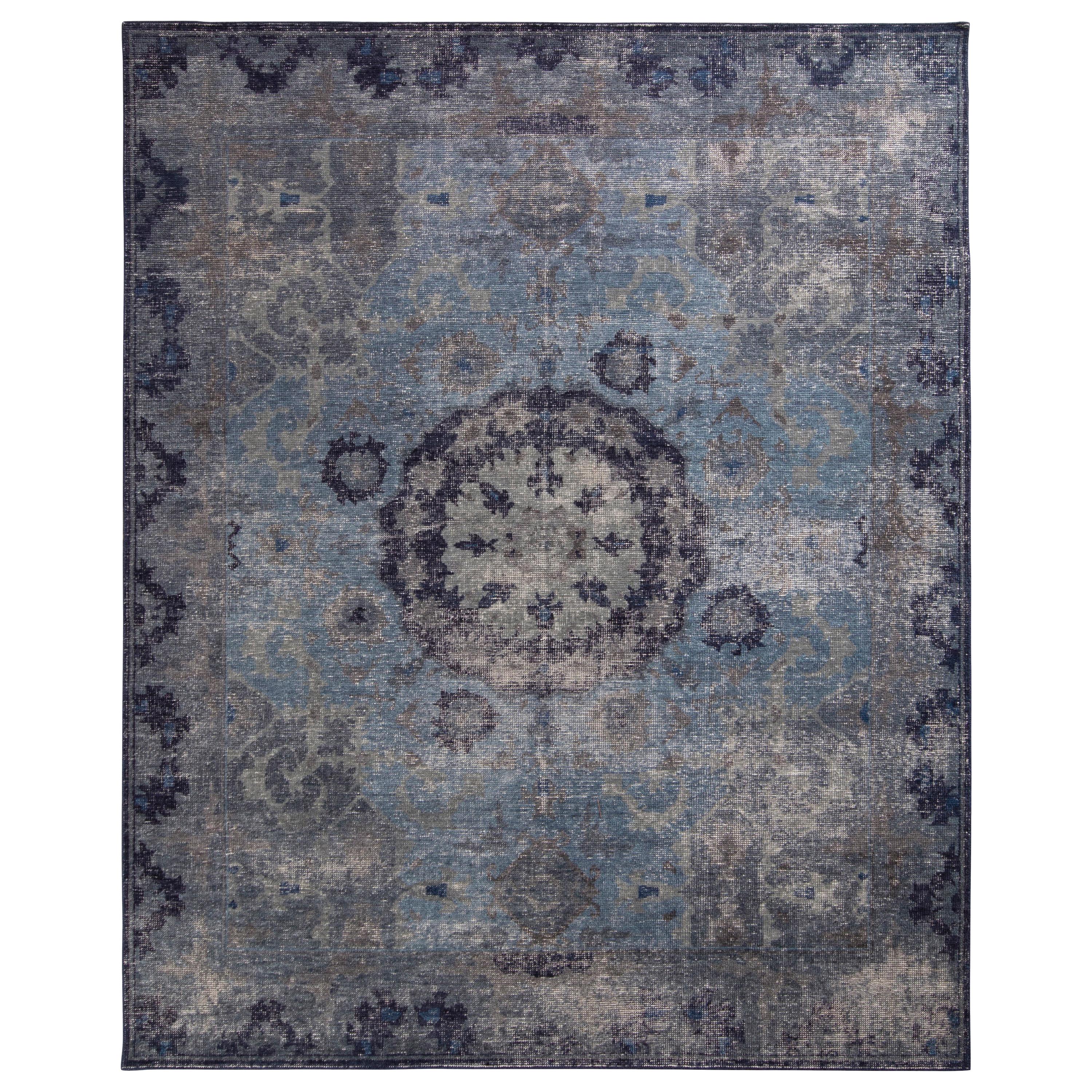 Rug & Kilim’s Distressed Oriental Style Rug in Blue Gray Medallion Pattern For Sale