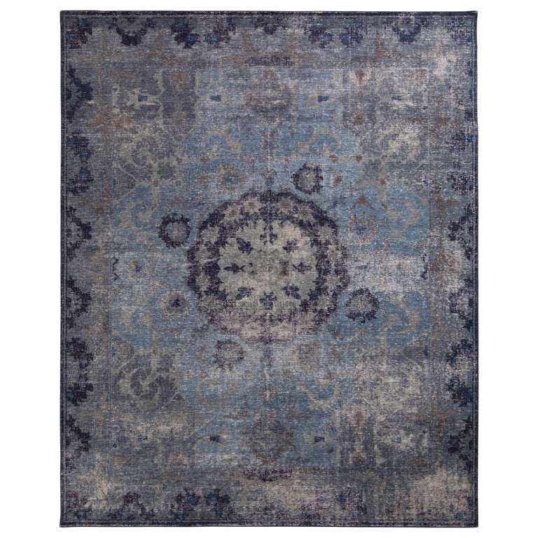 Rug and Kilim’s Distressed Oriental Style Rug in Blue Gray Medallion ...