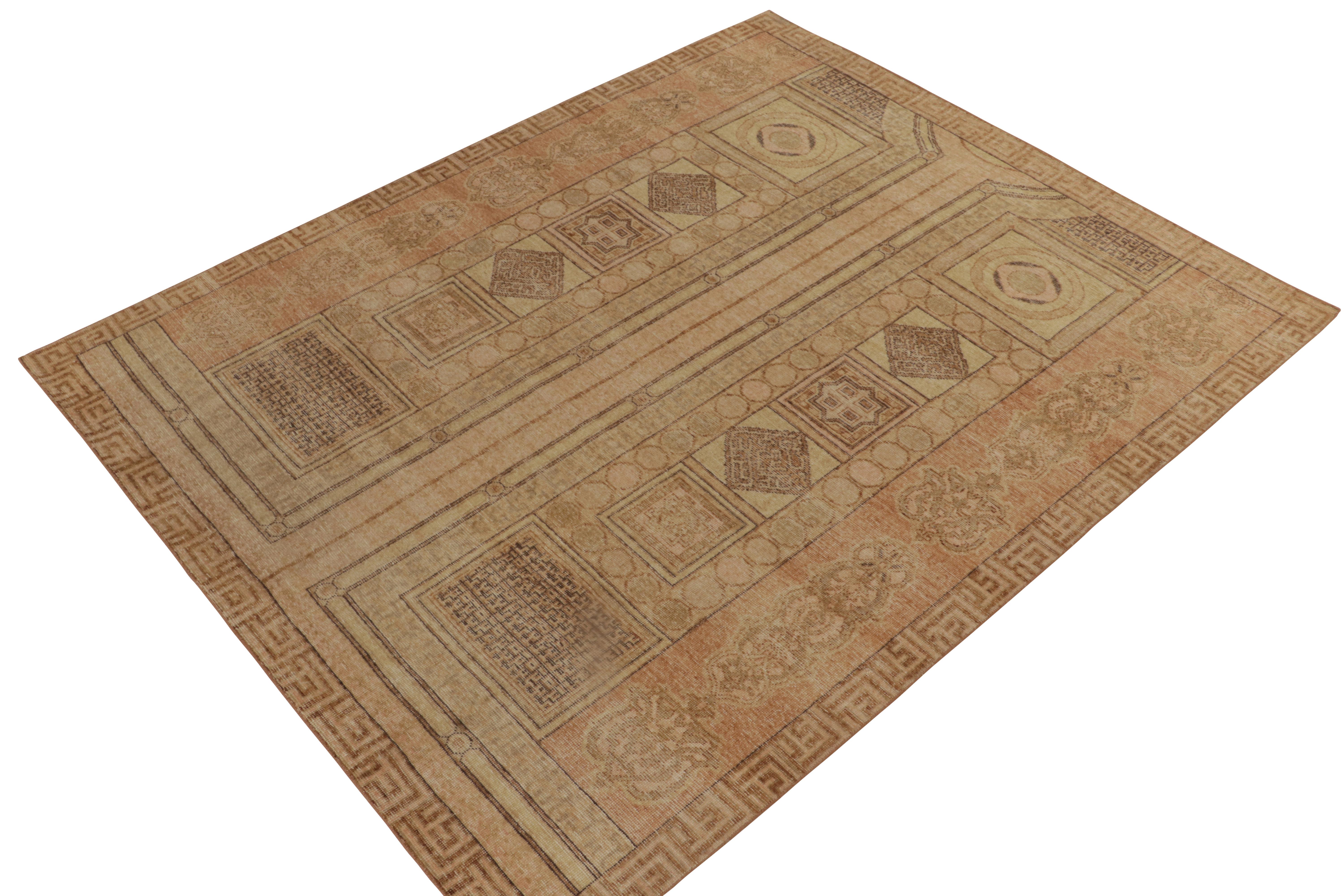 An 8x10 hand-knotted wool rug from Rug & Kilim’s Homage Collection. 

On the Design: Inspired by rare Ottoman textile designs of antiquity, the vision reimagines Islamic motifs, Kufic writing & geometric patterns in a charming play of beige-brown