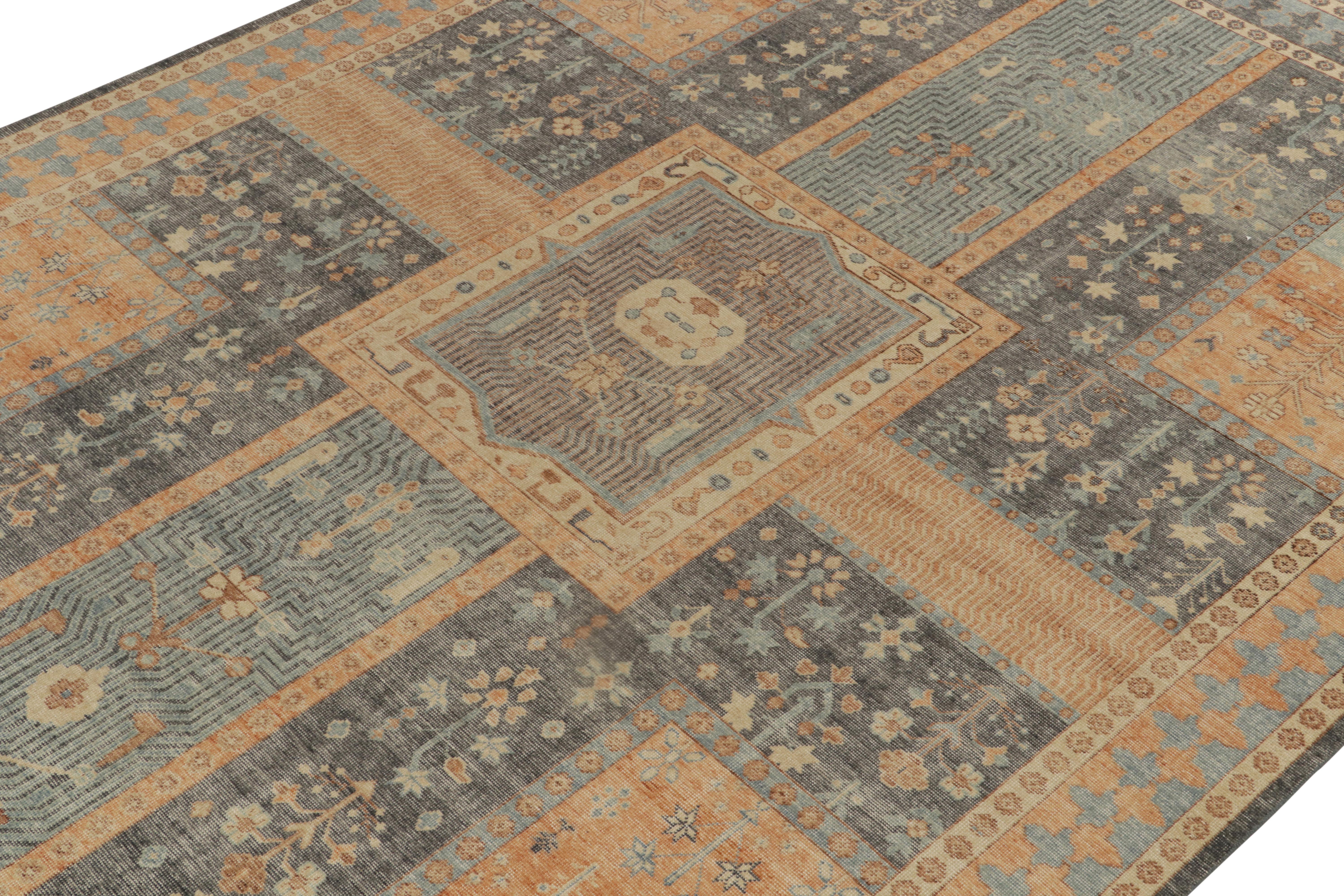Indian Rug & Kilim’s Distressed Persian Style Rug in Blue & Orange Garden Pattern For Sale