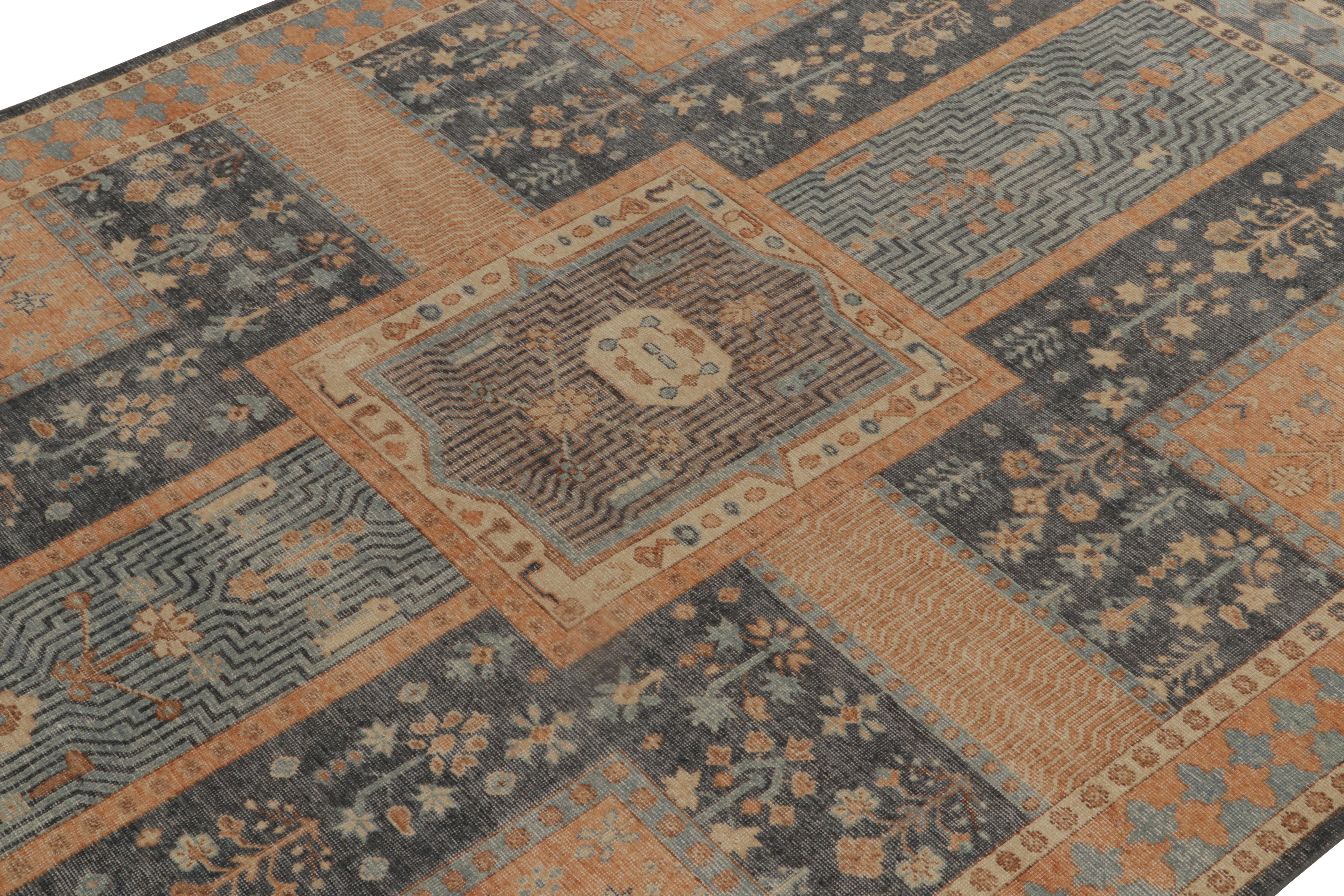 Indian Rug & Kilim’s Distressed Persian Style Rug in Blue & Orange Garden Pattern For Sale