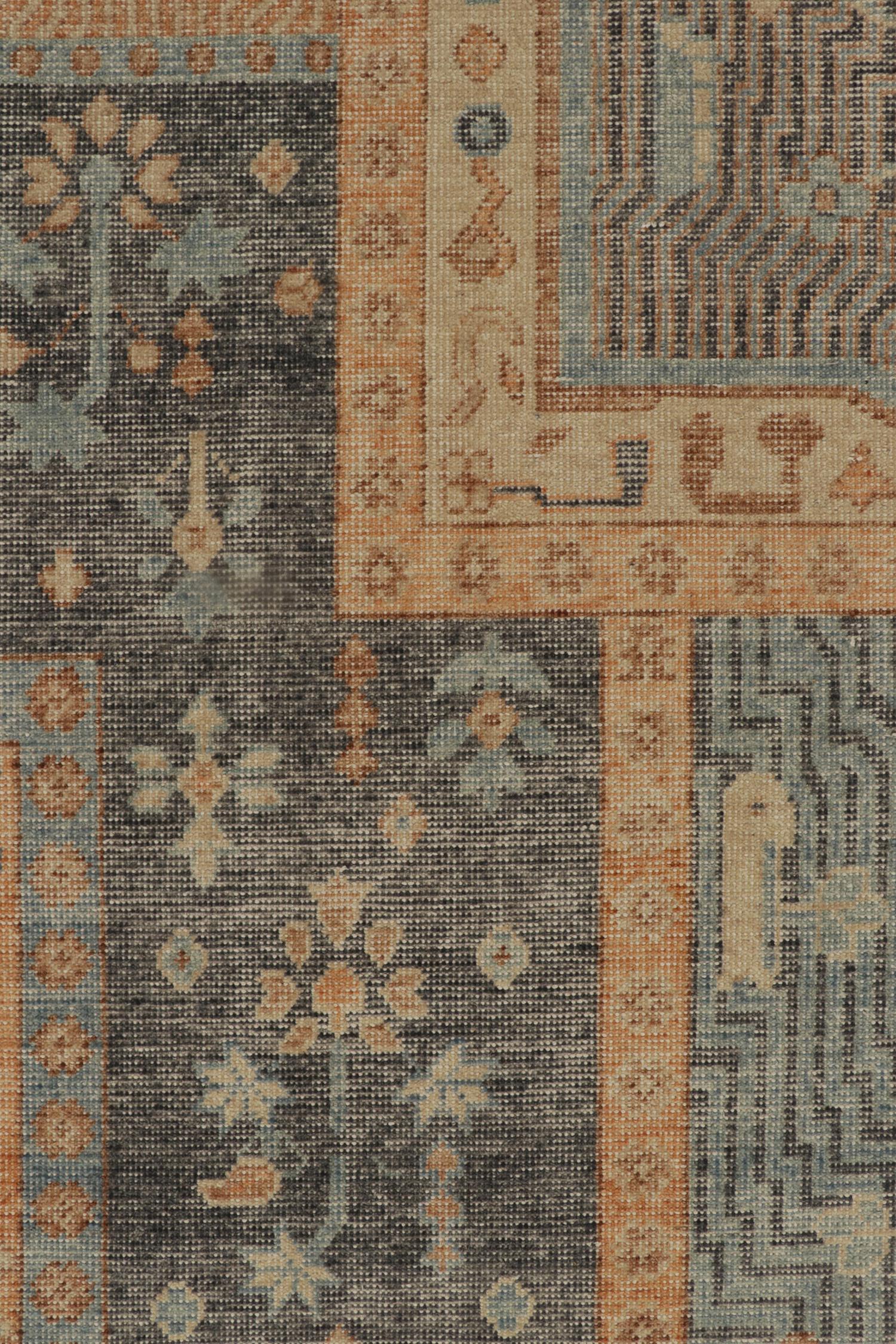 Hand-Knotted Rug & Kilim’s Distressed Persian Style Rug in Blue & Orange Garden Pattern For Sale