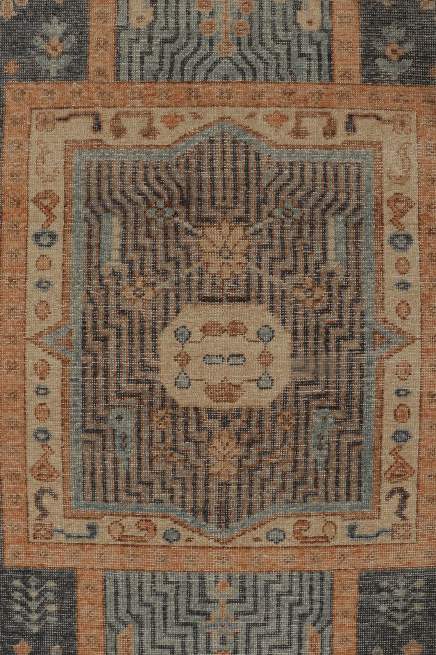 Hand-Knotted Rug & Kilim’s Distressed Persian Style Rug in Blue & Orange Garden Pattern For Sale