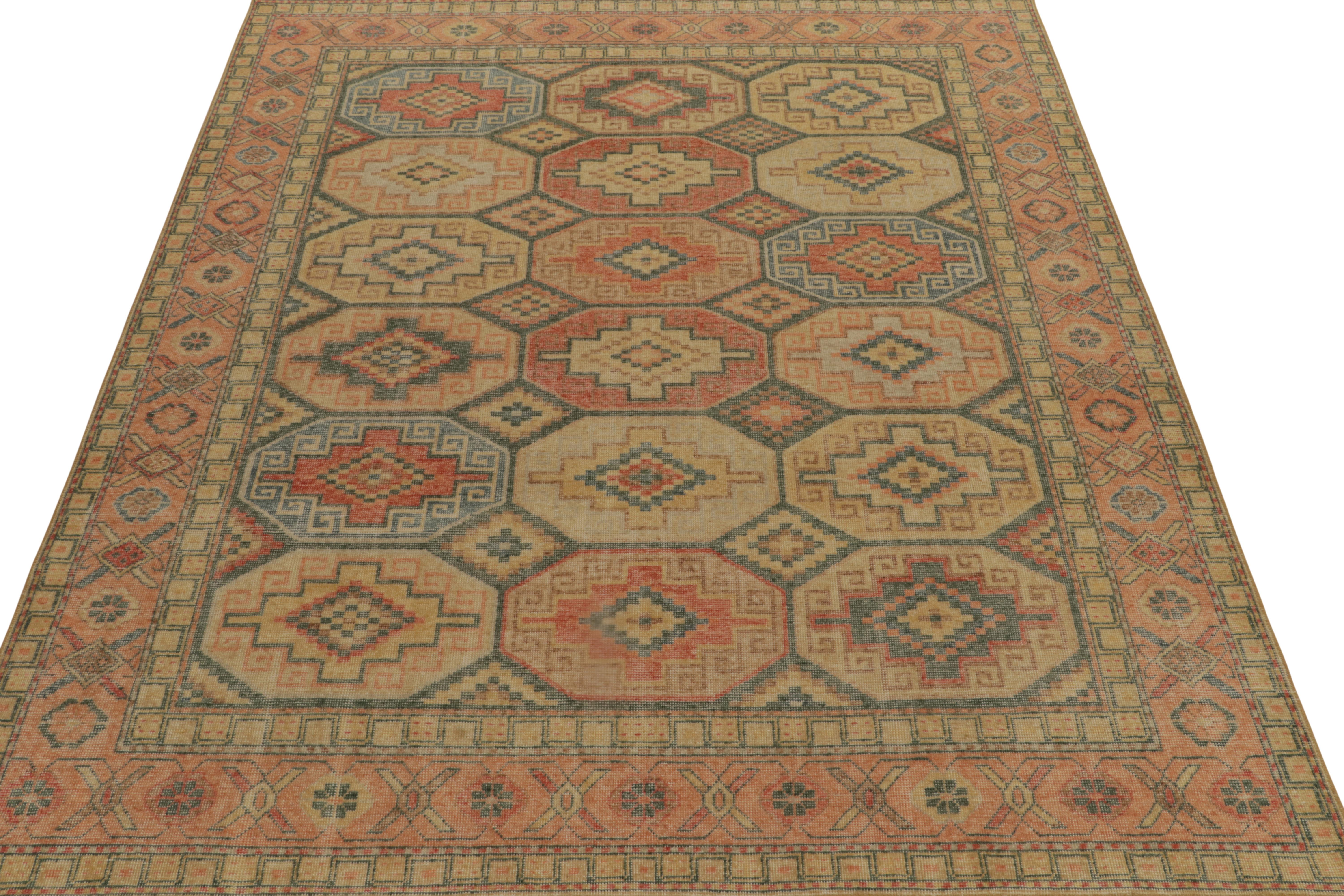 Tribal Rug & Kilim’s Distressed Persian Style Rug in Orange, Beige and Blue Medallions For Sale