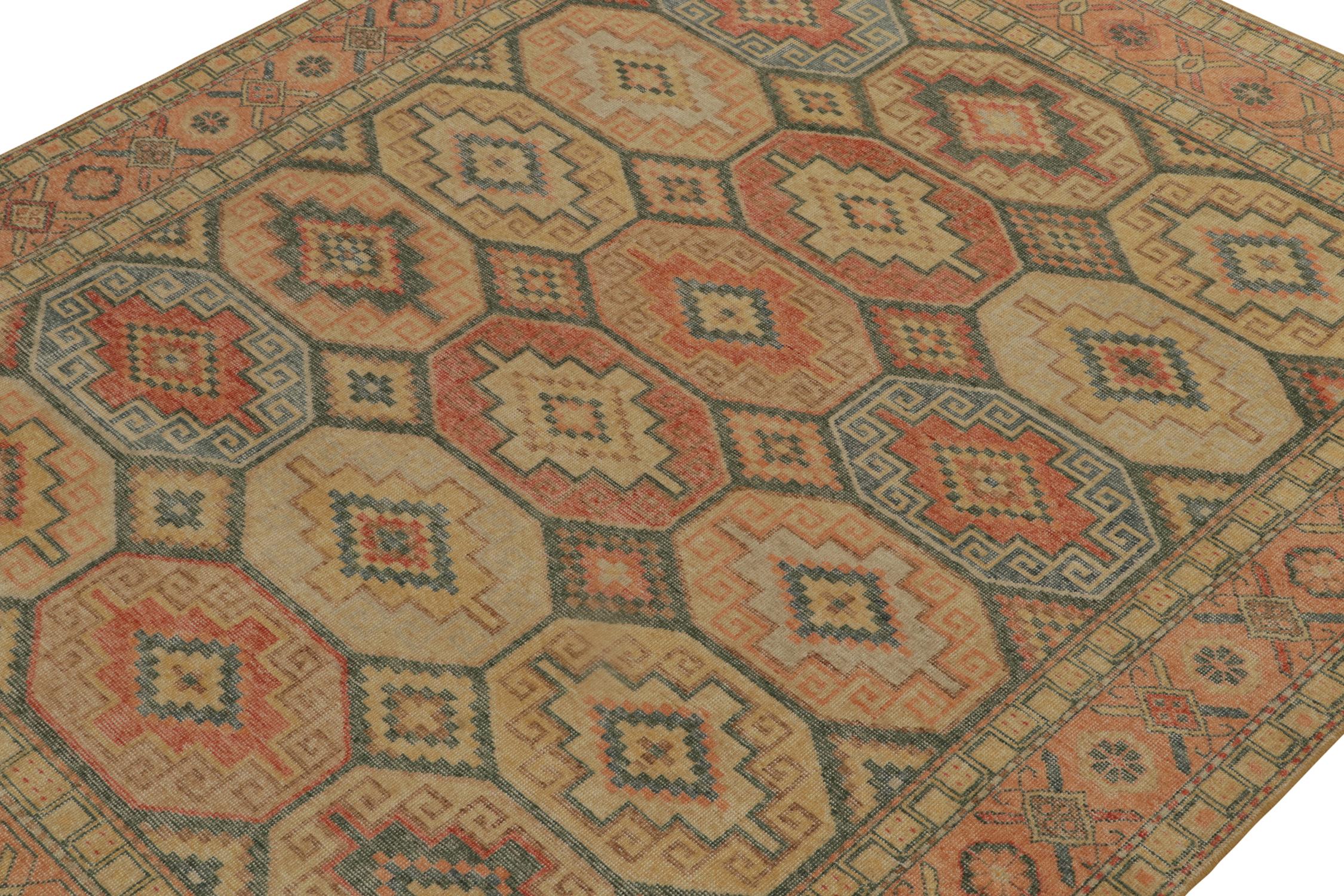 Indian Rug & Kilim’s Distressed Persian Style Rug in Orange, Beige and Blue Medallions For Sale