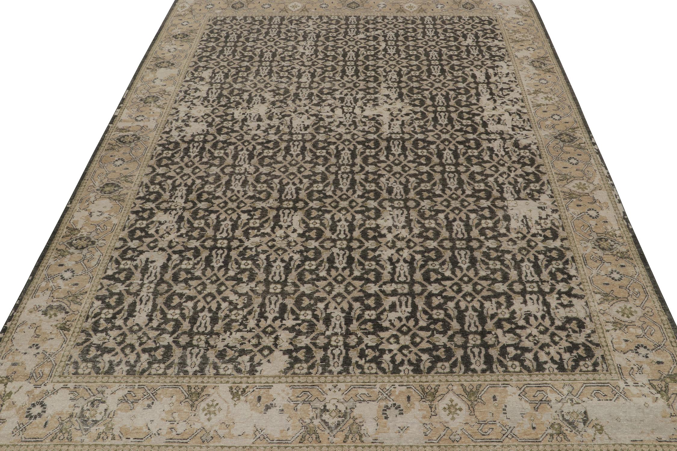Indian Rug & Kilim’s Distressed Persian Style Runner in Black with Beige Herati Pattern For Sale
