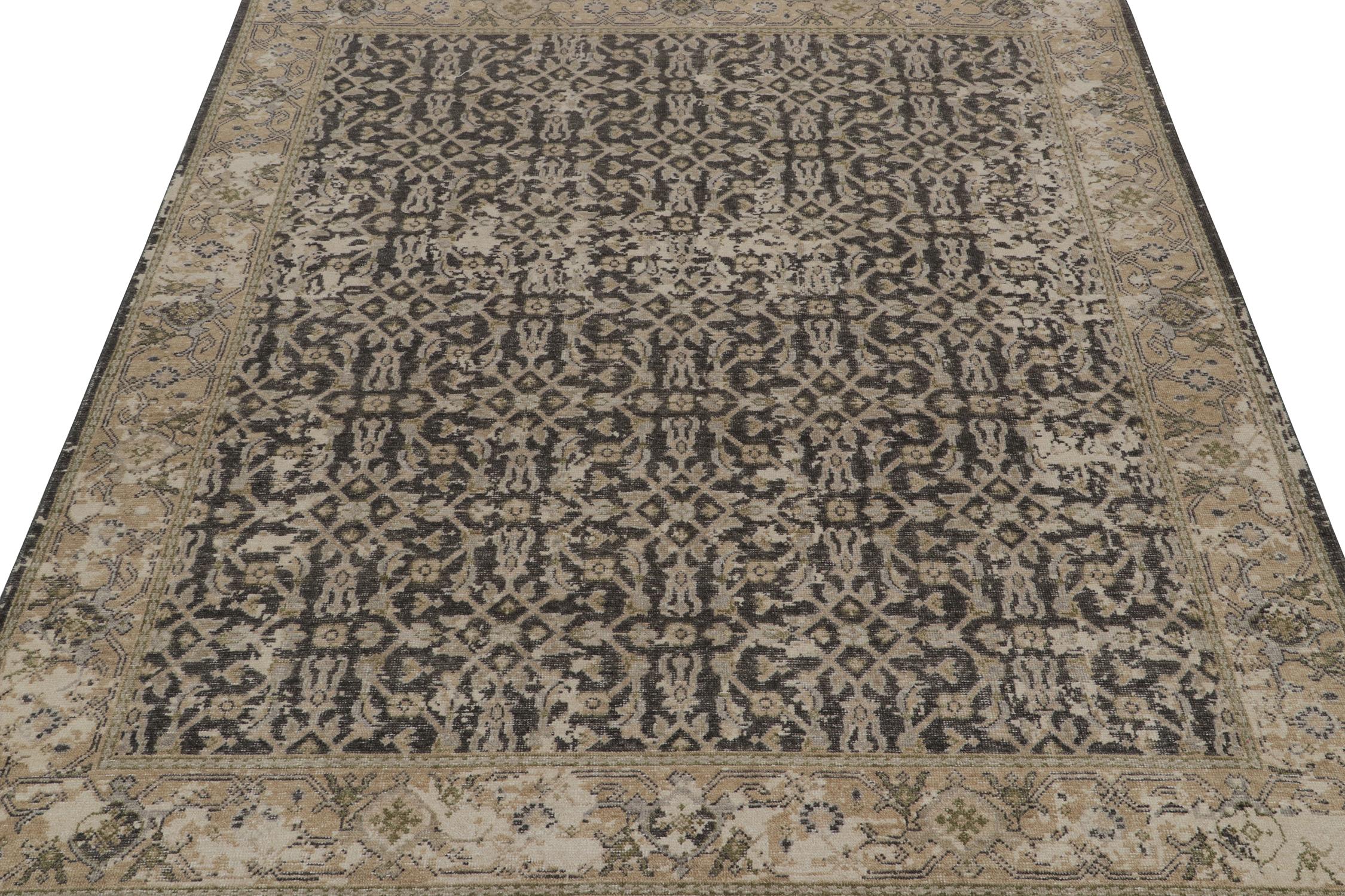 Indian Rug & Kilim’s Distressed Persian Style Runner in Black with Beige Herati Pattern For Sale