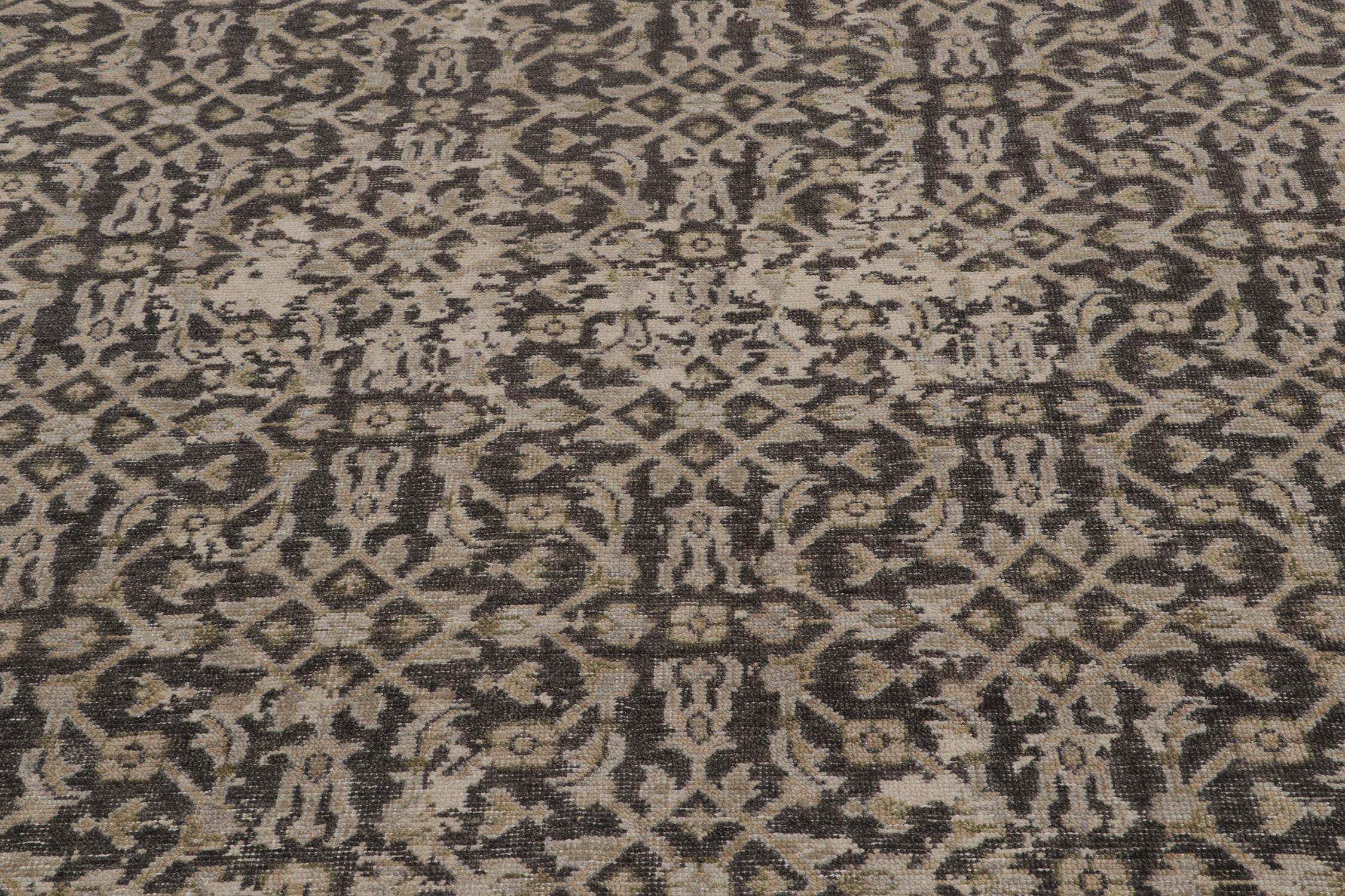 Contemporary Rug & Kilim’s Distressed Persian Style Runner in Black with Beige Herati Pattern For Sale