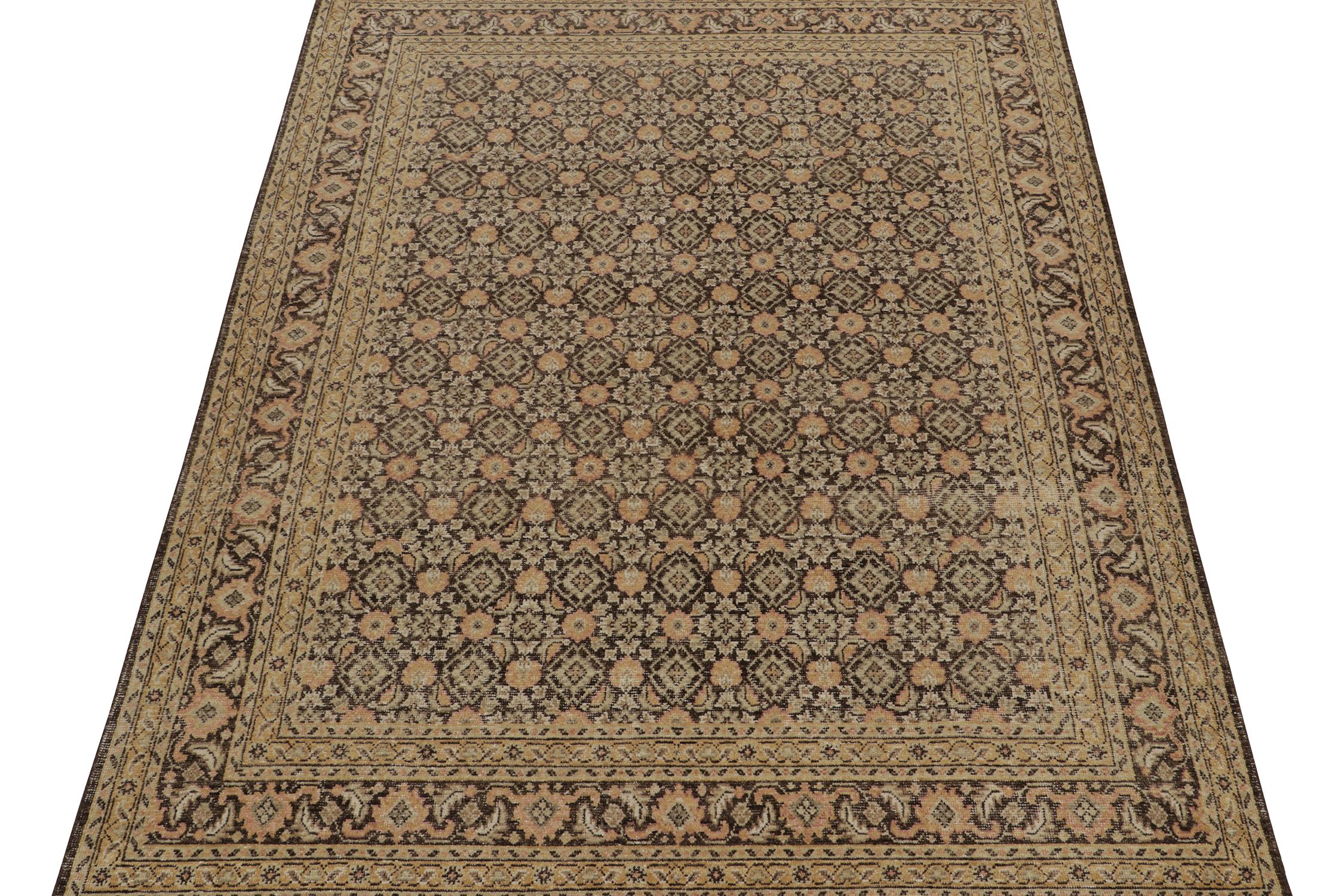 Indian Rug & Kilim’s Distressed Persian Style Rug in Brown and Gold Floral Patterns For Sale