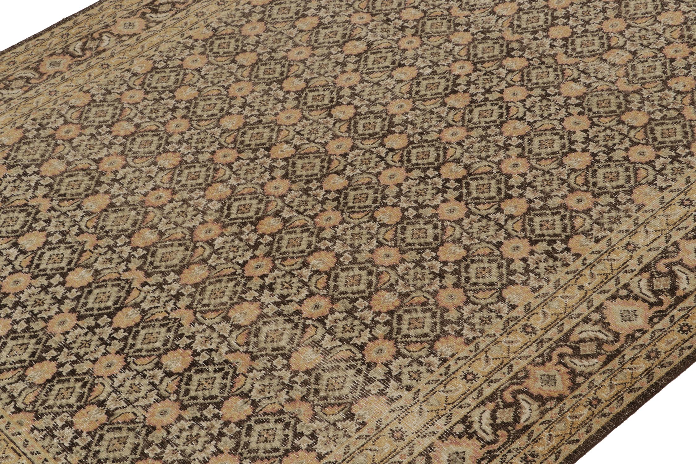 Hand-Knotted Rug & Kilim’s Distressed Persian Style Rug in Brown and Gold Floral Patterns For Sale
