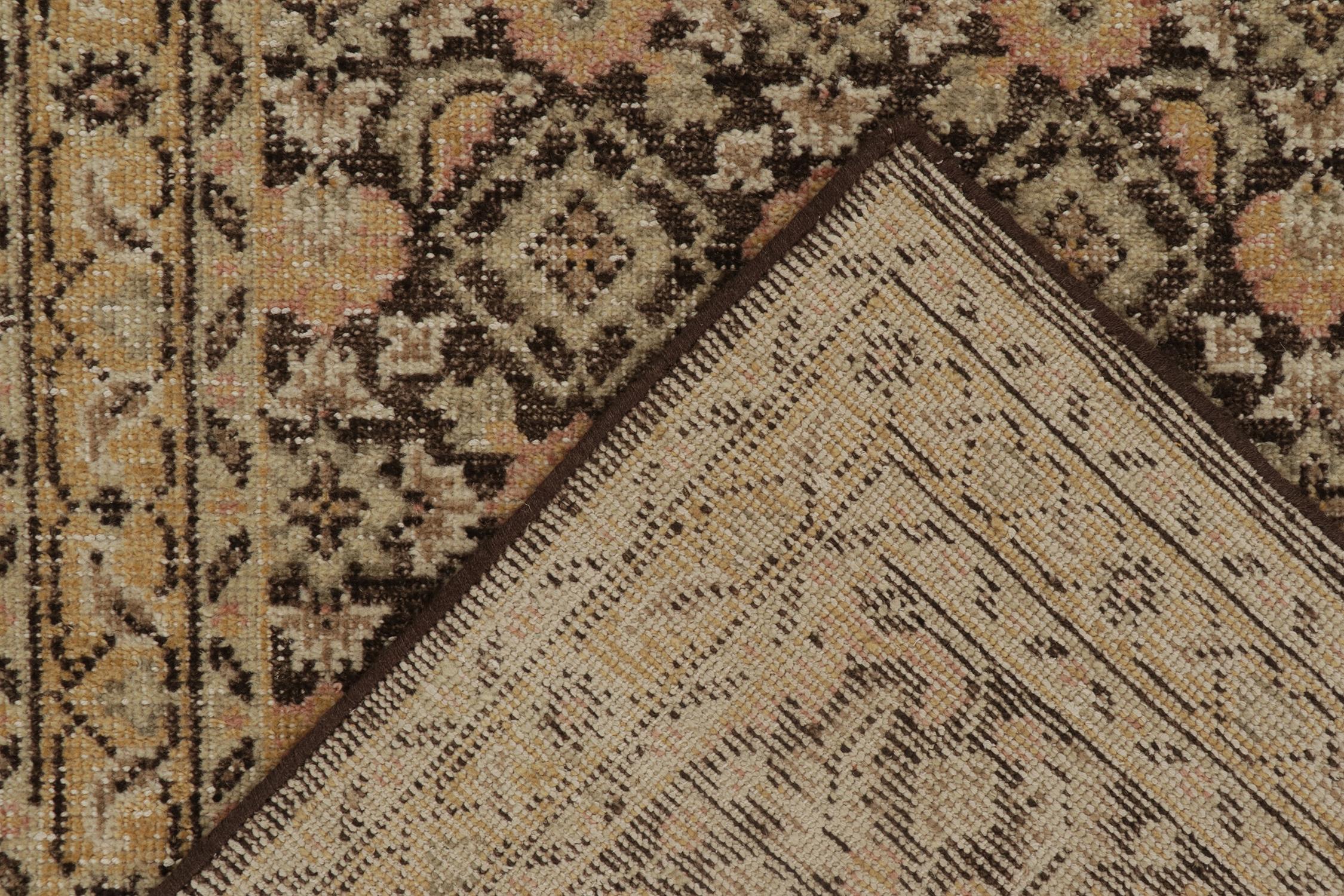 Wool Rug & Kilim’s Distressed Persian Style Rug in Brown and Gold Floral Patterns For Sale