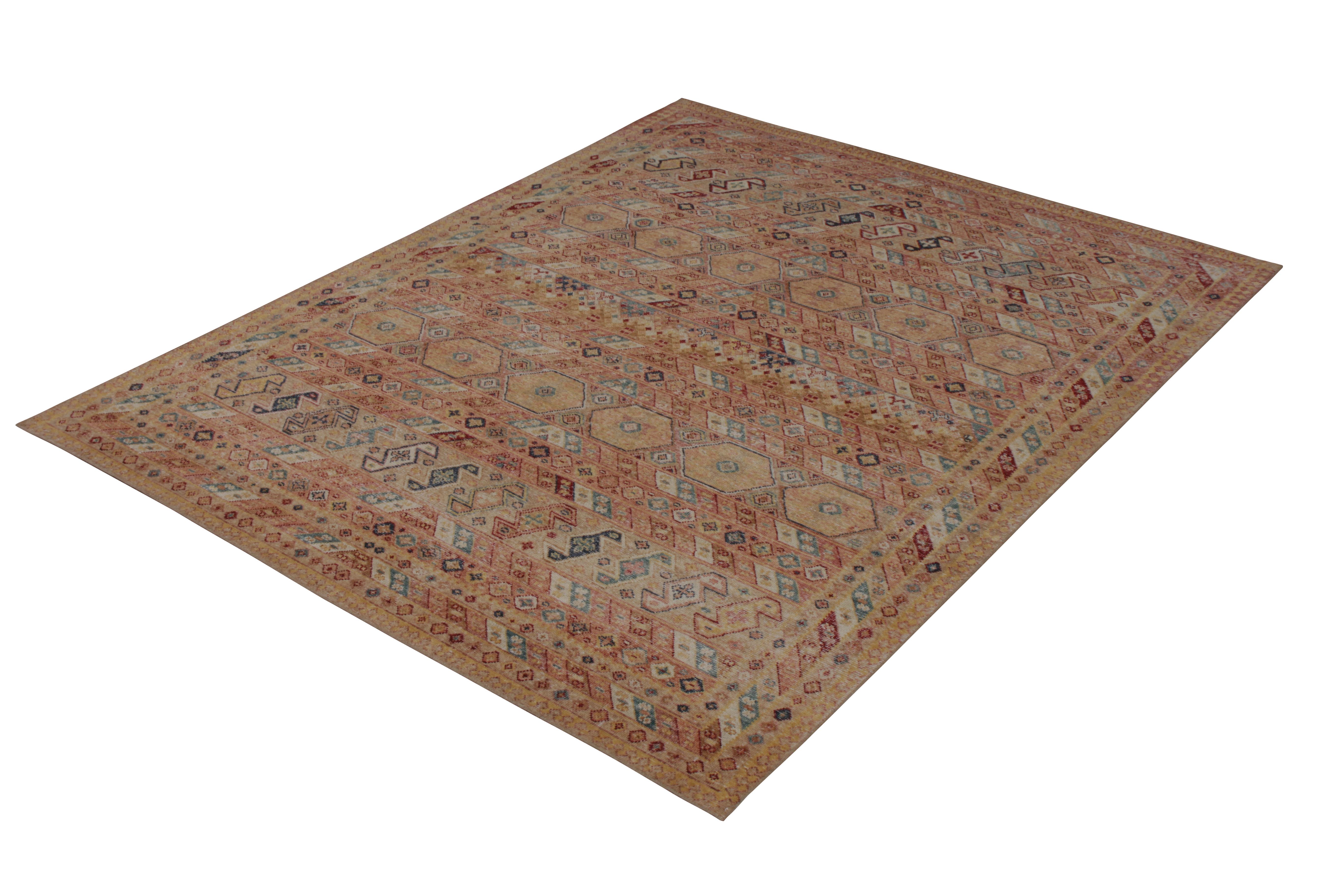 A beige-brown and red ode to classic geometric rug styles joining Rug & Kilim’s Homage Collection. Hand knotted in wool, this 8x10 exemplifies the distressed style and texture achieved in this line’s comfortable wash. Easy to maintain, further
