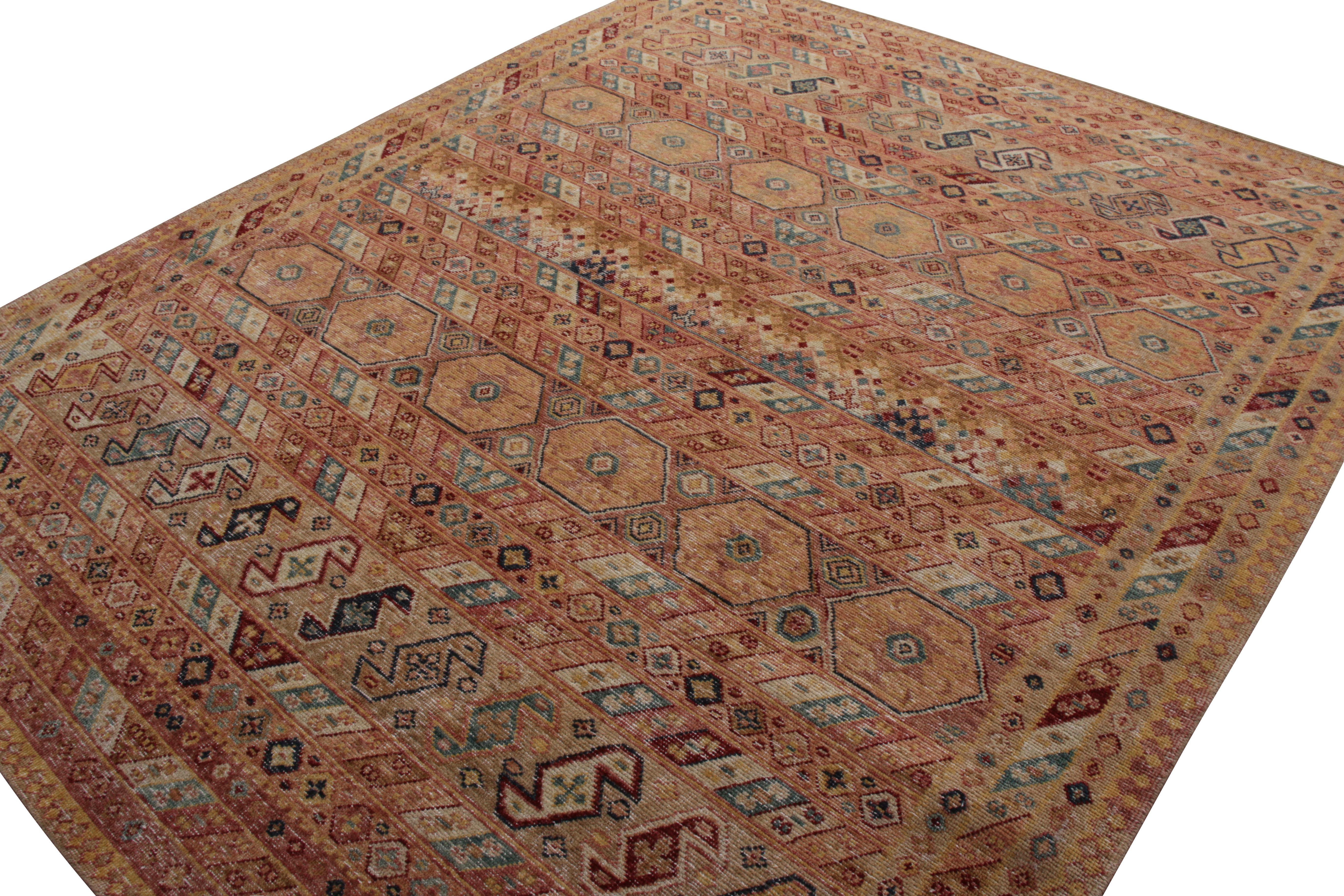 Art Deco Rug & Kilim’s Distressed Rug in Beige-Brown and Red Geometric Pattern For Sale