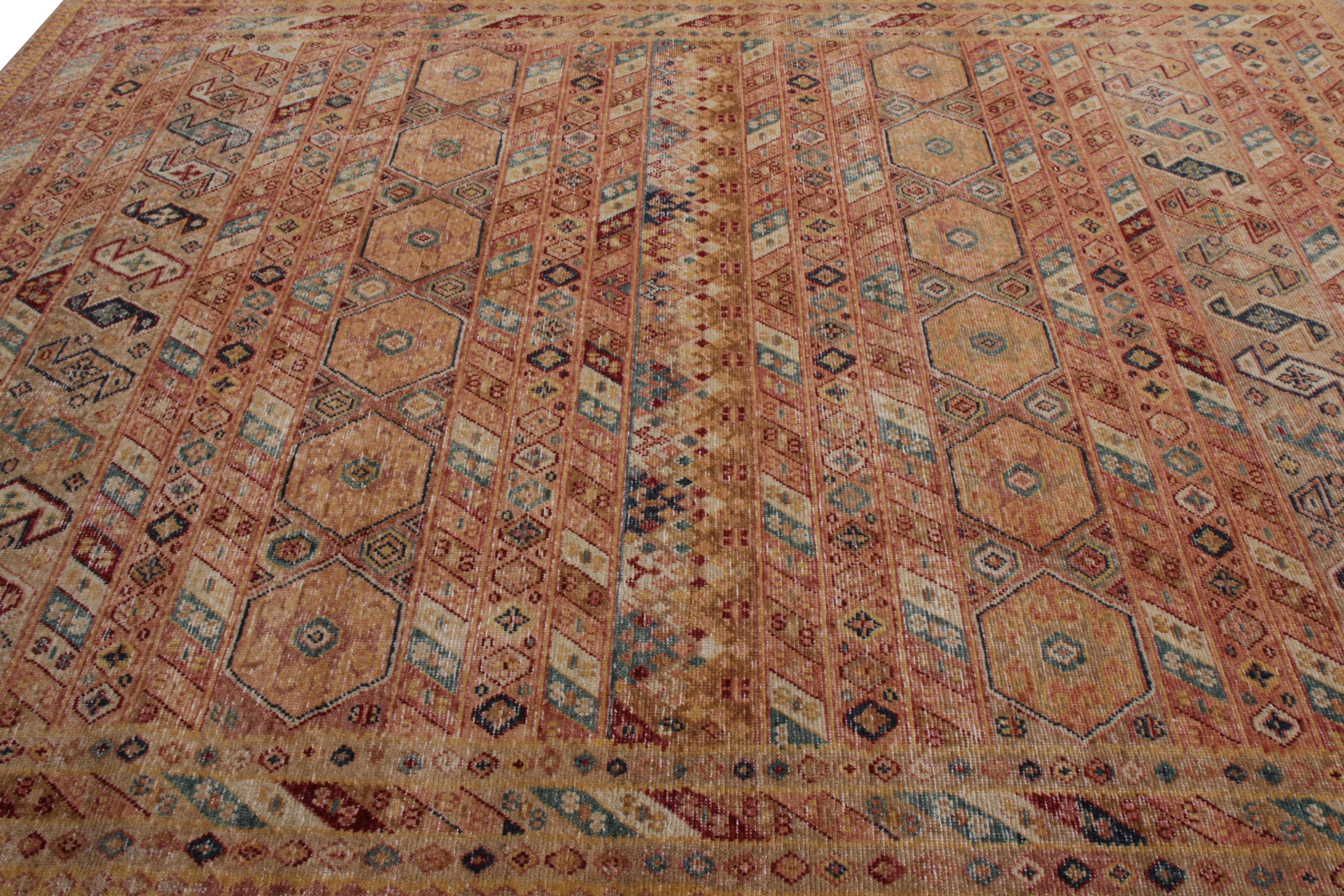 Hand-Knotted Rug & Kilim’s Distressed Rug in Beige-Brown and Red Geometric Pattern For Sale