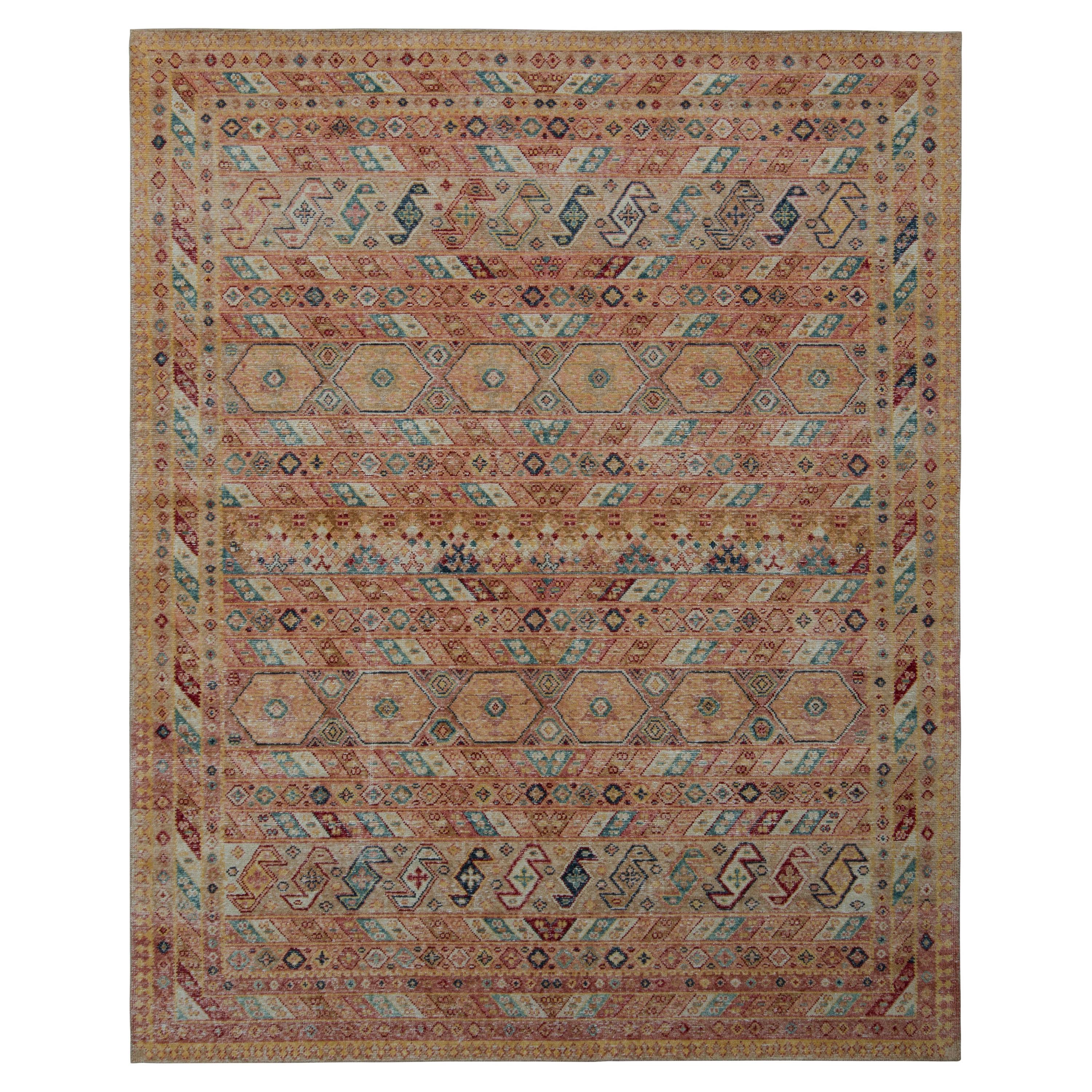Rug & Kilim’s Distressed Rug in Beige-Brown and Red Geometric Pattern For Sale