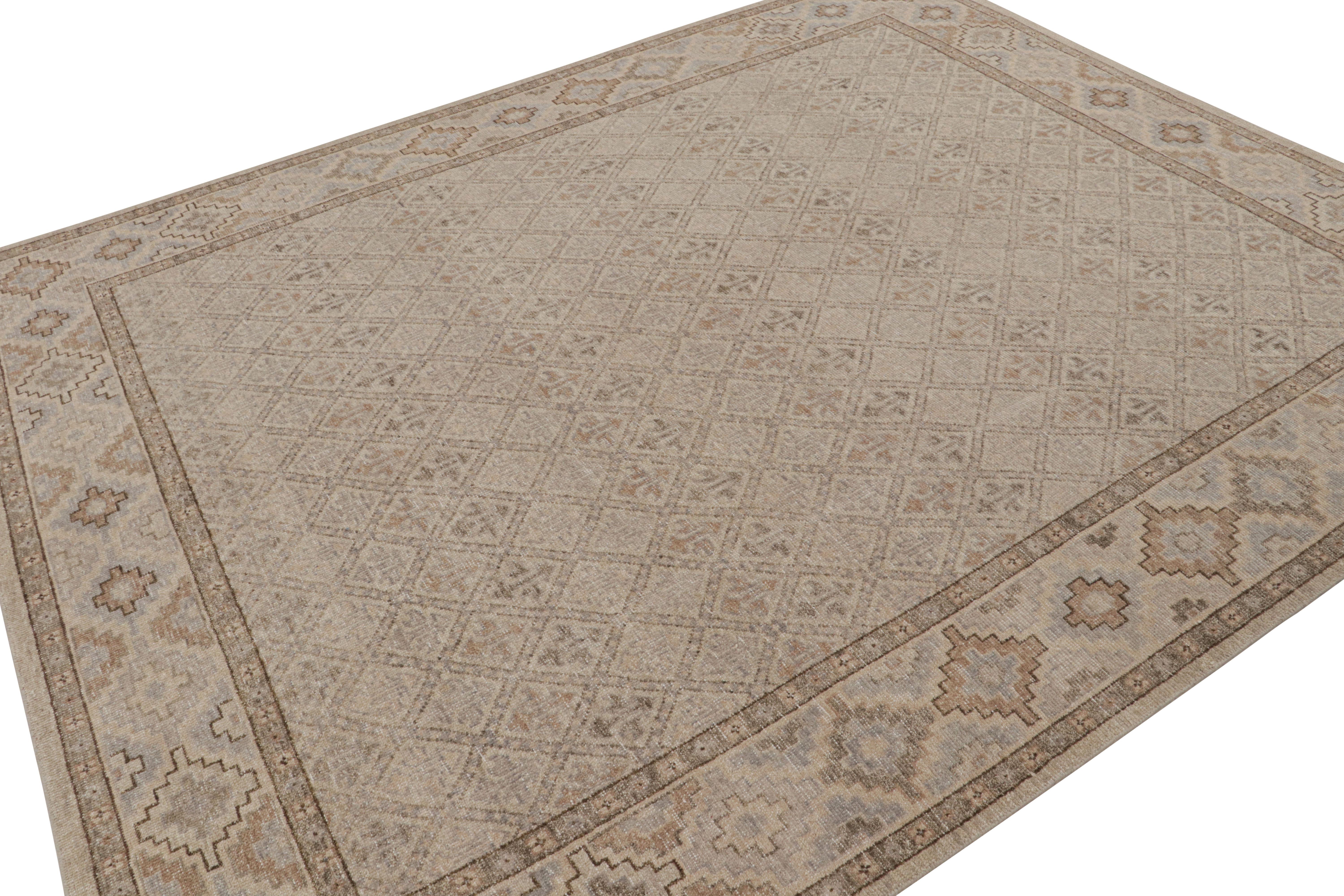 Hand-knotted in wool, this 8x10 abstract rug originating from India, in more contemporary colors of beige/brown, gray and blue, features all over geometric patterns. 

On the Design: 

This piece enjoys an elaborate geometric pattern in forgiving