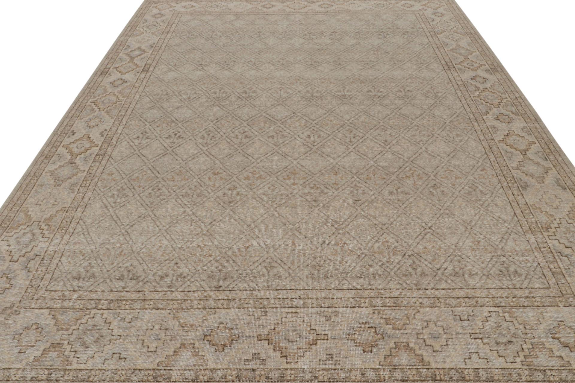 Modern Rug & Kilim’s Distressed Rug In Beige, Gray And Blue Geometric Pattern For Sale