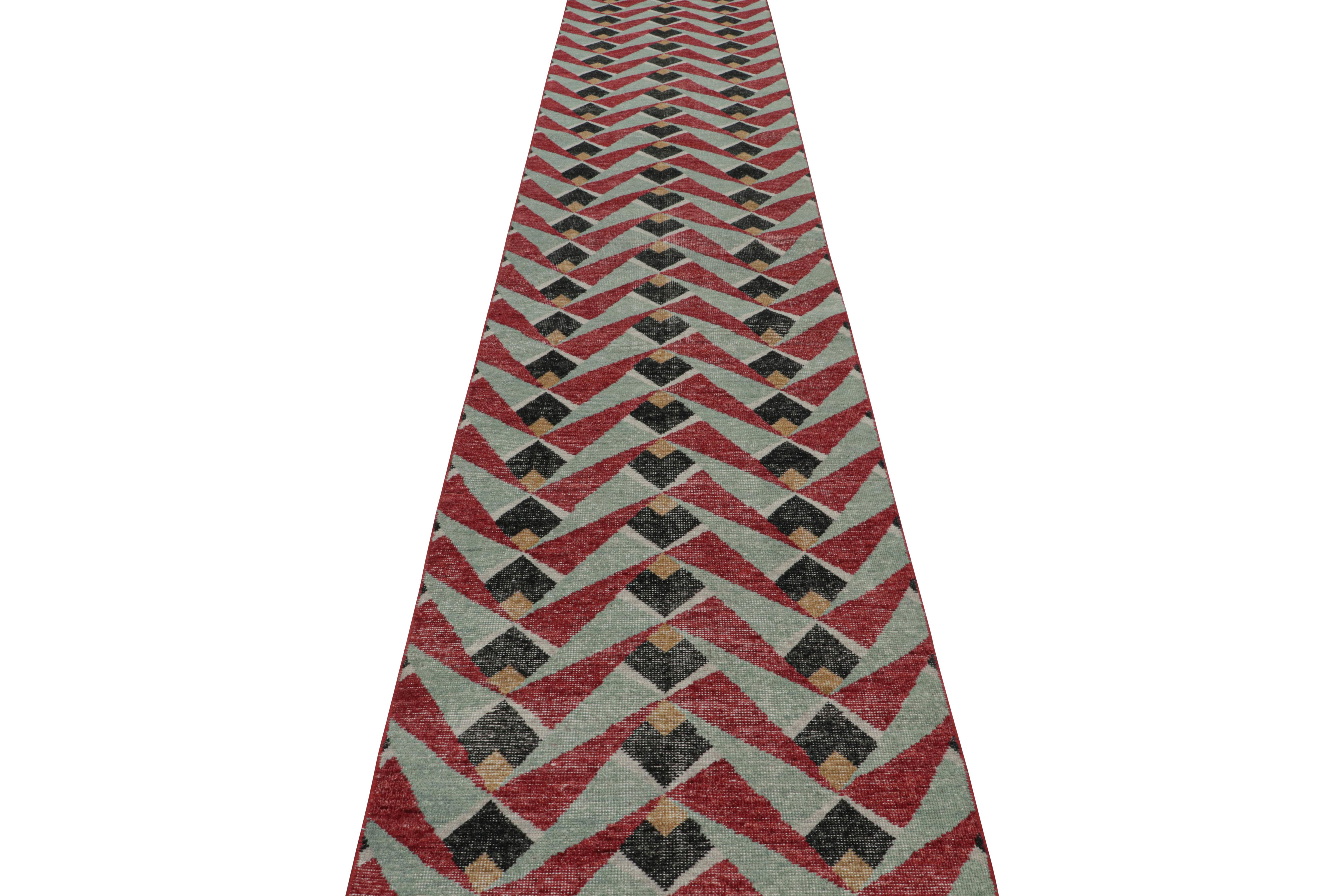 Hand-knotted in wool, this 3x16 rug is a new addition to the Homage Collection by Rug & Kilim.

On the Design:

Admirers of the craft may appreciate a subtle influence from Afghan Mauri rugs in this contemporary, almost Deco-esque design. Red and