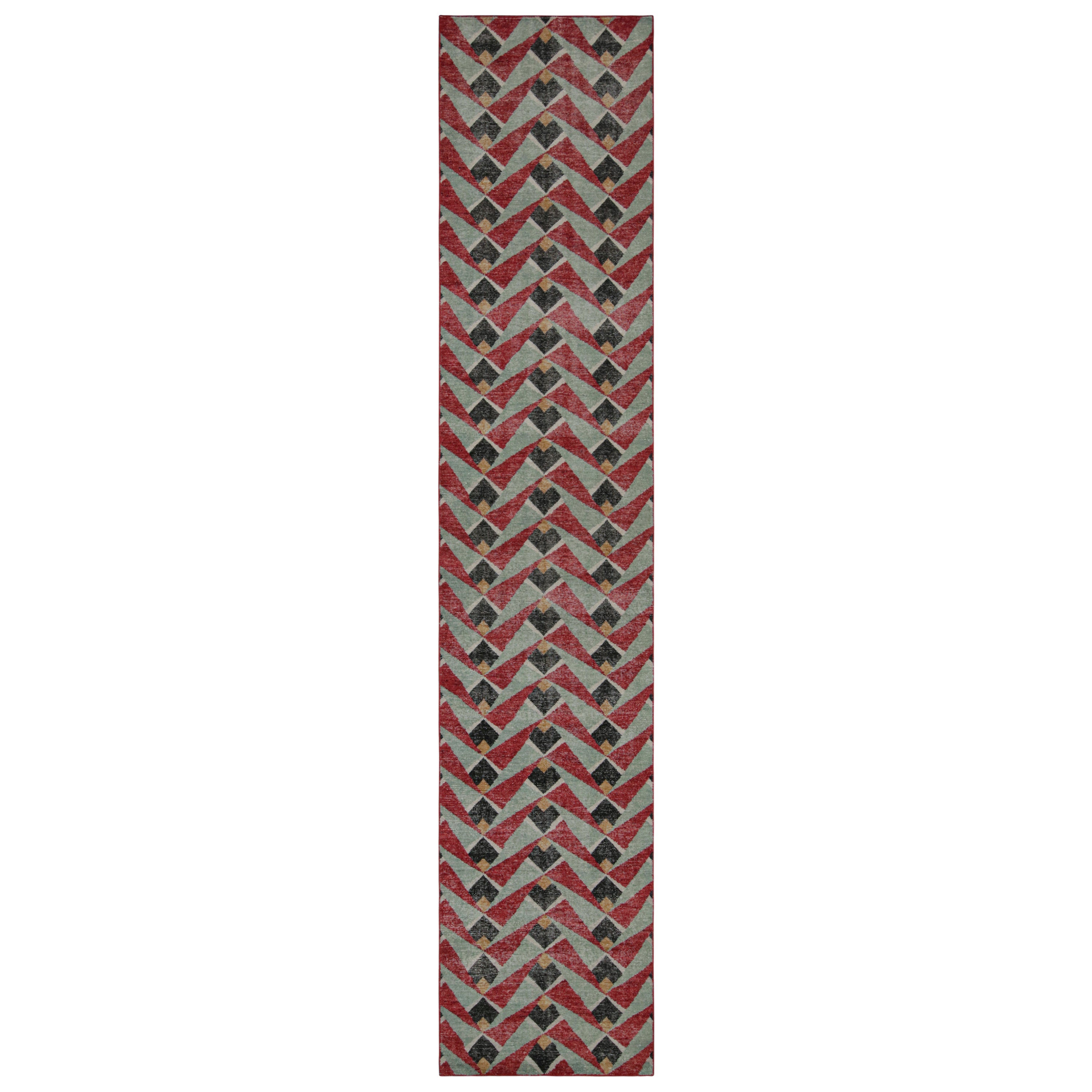 Rug & Kilim’s Distressed Runner in Red and Blue Geometric Patterns For Sale